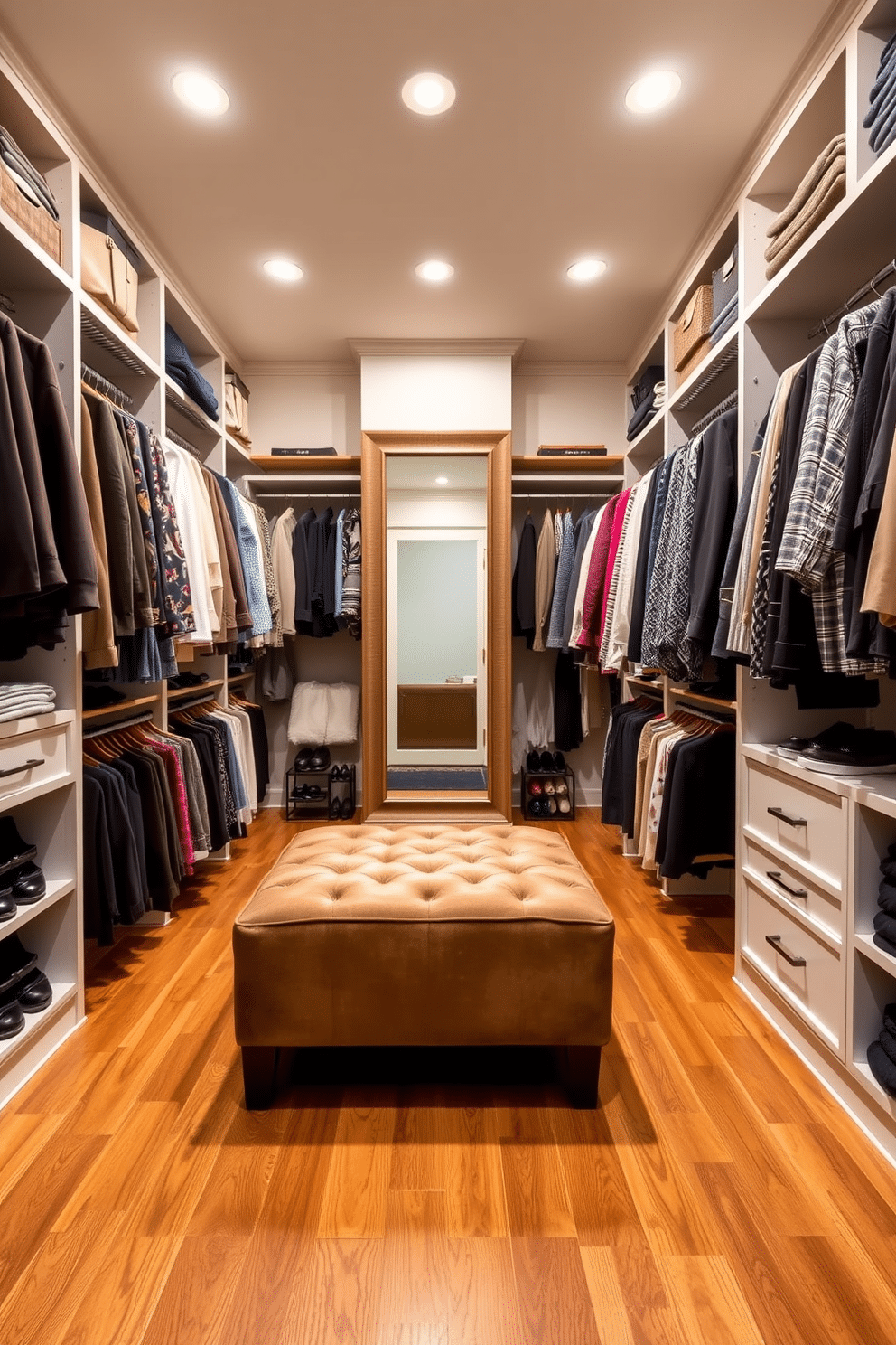 A stylish walk-in closet designed for seasonal clothing rotation features custom shelving and hanging spaces optimized for organization. The walls are painted in a soft, neutral tone, and the flooring is a warm hardwood that adds a touch of elegance. In the center, a plush ottoman provides a comfortable seating area for changing shoes, while strategically placed lighting highlights the clothing displays. A full-length mirror reflects the well-organized space, enhancing the overall functionality and aesthetic appeal.