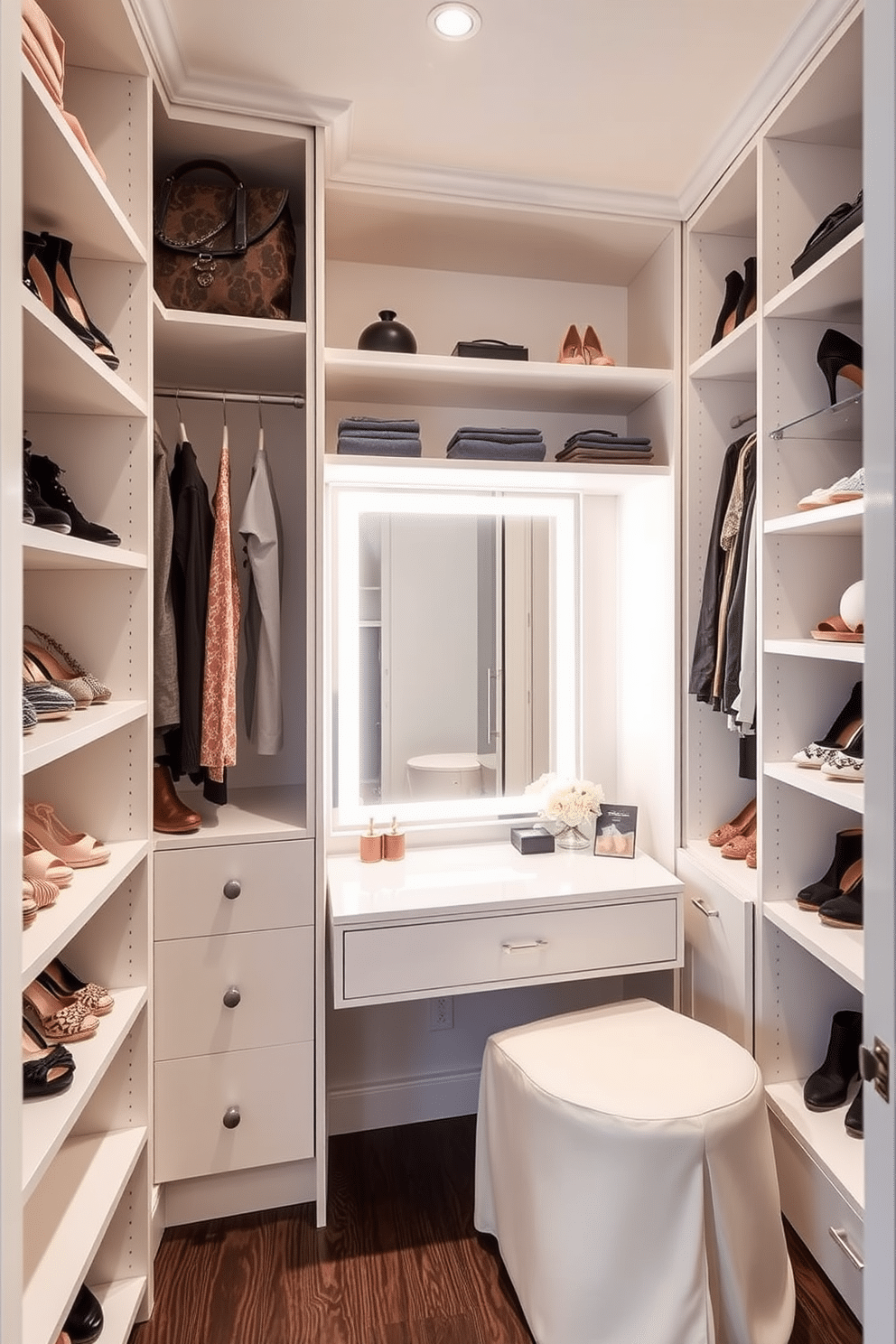 A stylish townhouse walk-in closet features a small vanity space elegantly integrated into the design. The vanity includes a sleek mirror with soft lighting, surrounded by organized shelves displaying accessories and shoes, creating a functional yet luxurious atmosphere.