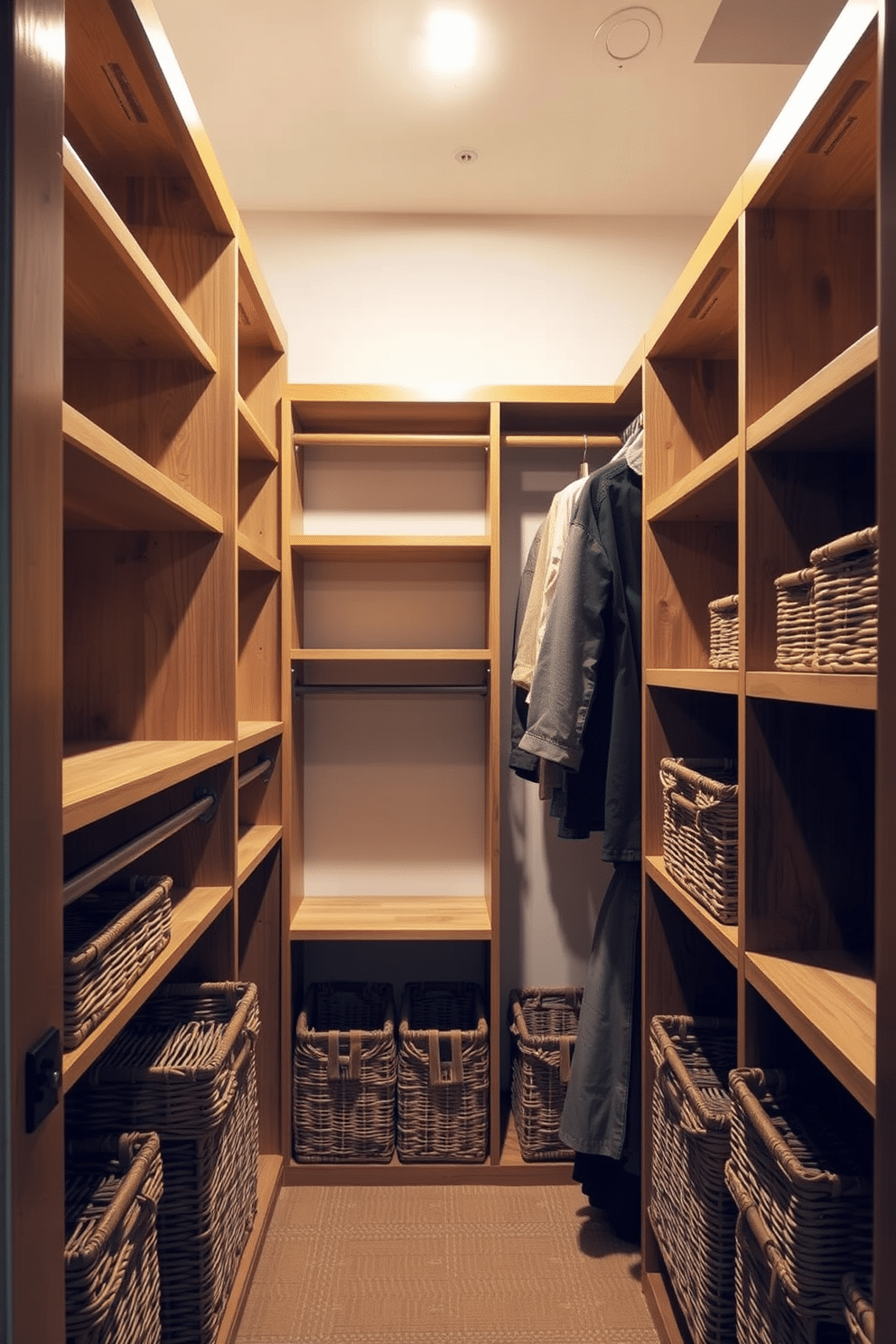 A spacious walk-in closet featuring natural wood shelving and hanging rods, with woven baskets neatly arranged on the lower shelves for a rustic touch. Soft, warm lighting illuminates the space, highlighting the rich textures of the wooden elements and the earthy tones of the baskets.