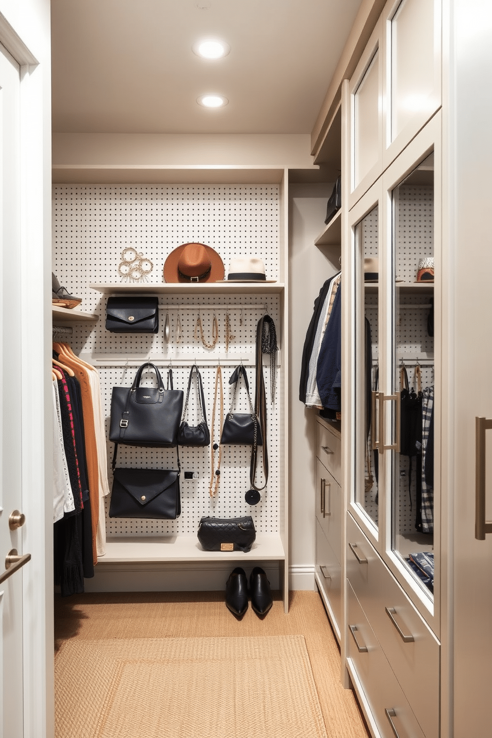 A stylish townhouse walk-in closet features a spacious layout with a modern pegboard wall for organizing accessories. The pegboard is adorned with hooks and shelves, displaying bags, hats, and jewelry, while the rest of the closet boasts custom cabinetry in a sleek, neutral finish.