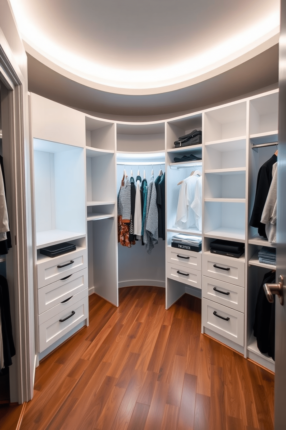 A modern townhouse walk-in closet featuring sleek built-in shelving and hanging space, illuminated by bright LED strip lighting that enhances the overall brightness of the room. The walls are painted in a soft gray, and the flooring consists of polished hardwood, providing a warm contrast to the crisp white cabinetry.