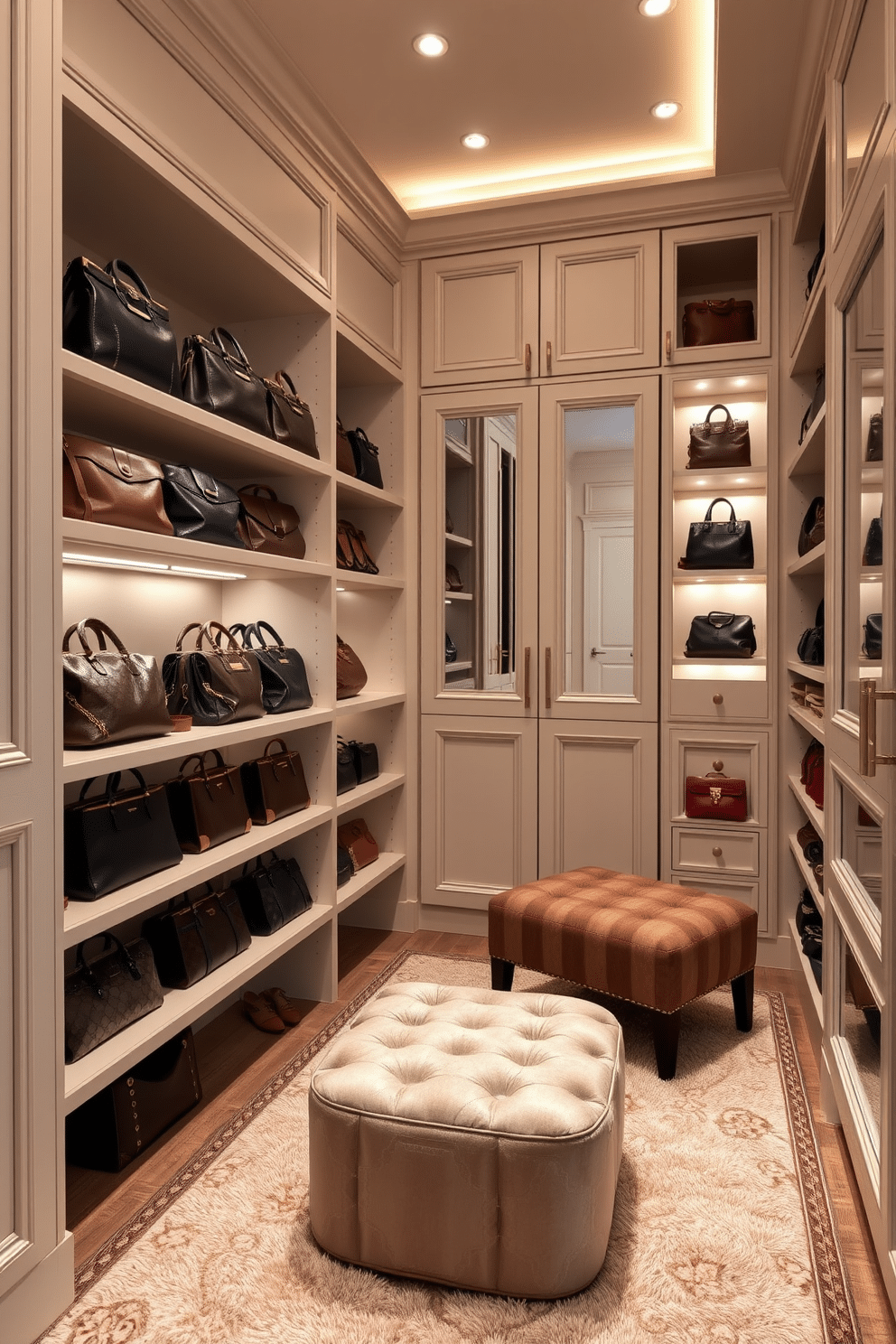 A luxurious walk-in closet designed specifically for handbags, featuring custom shelving and display areas to showcase each piece beautifully. Soft, ambient lighting highlights the rich textures of leather and fabric, while a plush area rug adds warmth underfoot. The walls are lined with elegant cabinetry painted in a soft cream hue, complemented by gold hardware for a touch of sophistication. A full-length mirror reflects the organized space, and a stylish ottoman provides a comfortable spot to sit while selecting the perfect handbag for any outfit.