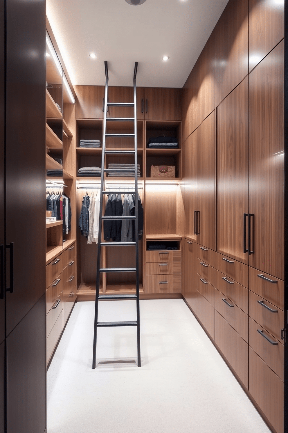 A stylish townhouse walk-in closet features a sleek design with a contemporary ladder for accessing high storage. The walls are lined with custom cabinetry in a warm wood finish, complemented by soft, ambient lighting that highlights the organized shelves and hanging spaces.