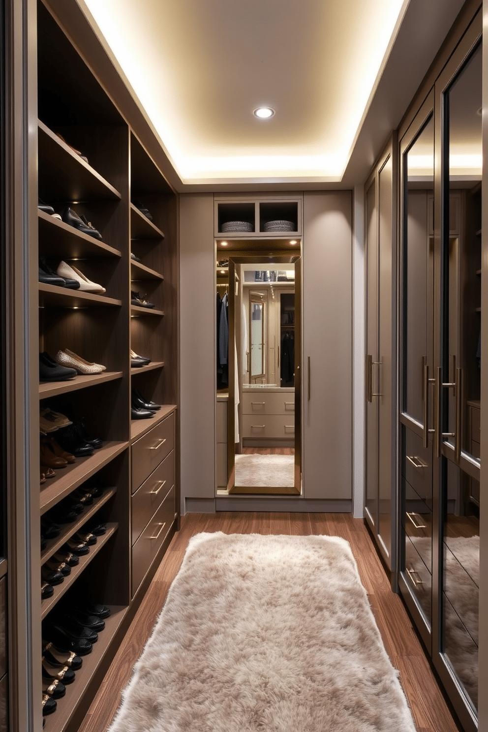 A stylish townhouse walk-in closet features a blend of open and closed storage solutions, maximizing both functionality and aesthetics. The design includes sleek shelving units for displaying shoes and accessories, while elegant cabinets with glass doors provide a polished look for clothing storage. Soft, ambient lighting highlights the space, creating an inviting atmosphere. A plush area rug adds warmth underfoot, and a full-length mirror is strategically placed to enhance the feeling of openness.