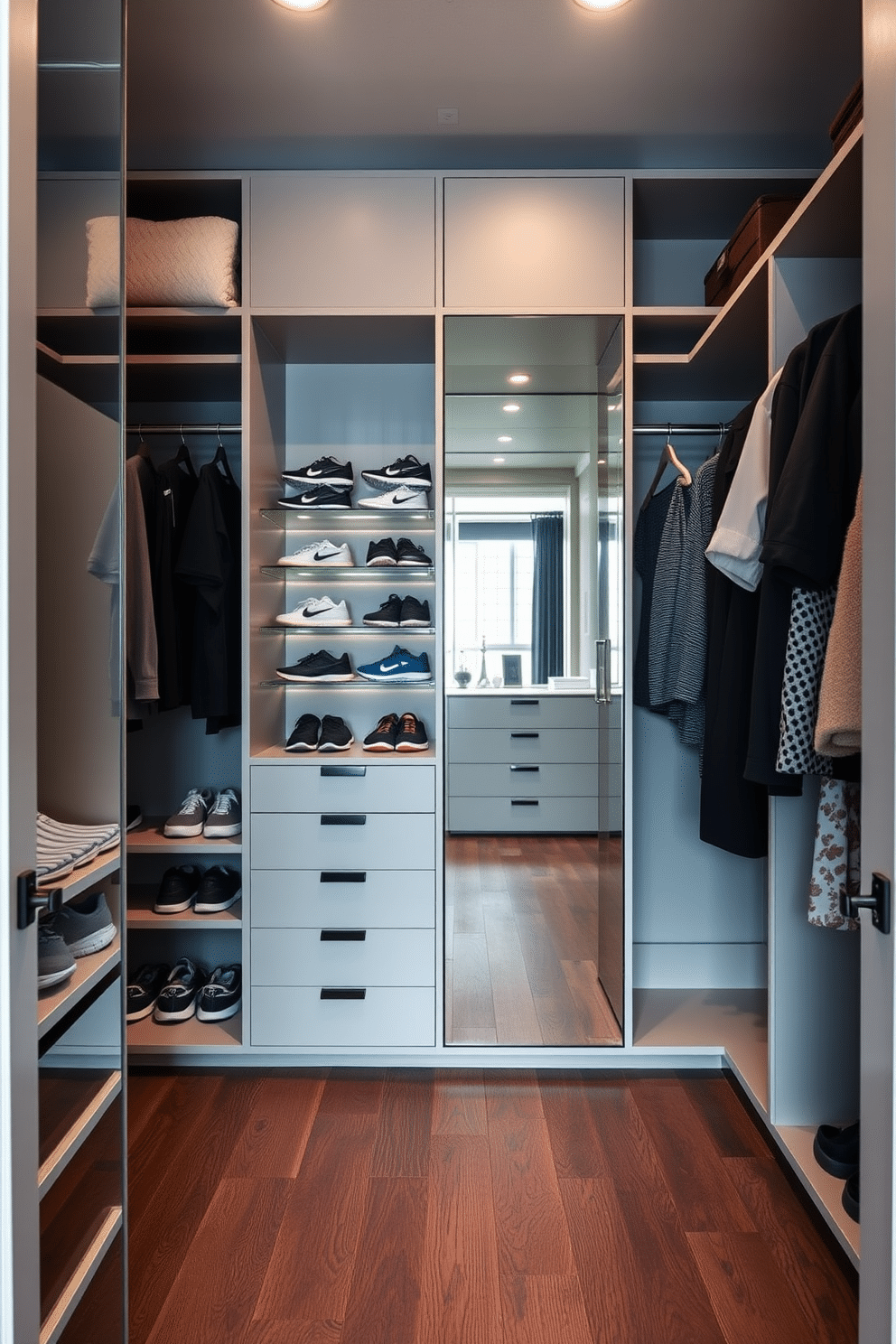 A stylish walk-in closet designed for a townhouse, featuring dedicated spaces for workout gear. The closet includes built-in shelves for sneakers and a section for hanging activewear, all complemented by soft, ambient lighting and a large mirror.