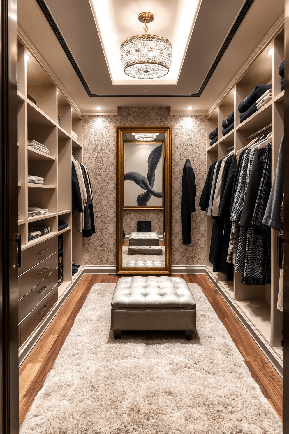 A luxurious townhouse walk-in closet featuring custom shelving and hanging space, illuminated by soft, recessed lighting. The walls are adorned with elegant wallpaper, and a plush area rug adds warmth to the space, creating a cozy yet sophisticated atmosphere. Incorporate a statement piece of artwork on the wall, adding a personal touch and reflecting the owner's style. A stylish ottoman in the center invites comfort, while a full-length mirror enhances the room’s spacious feel.