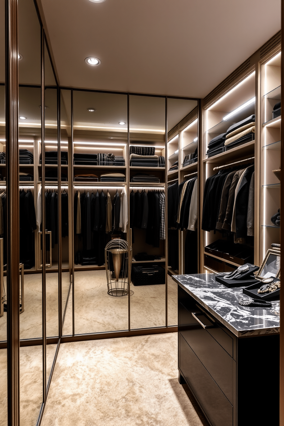 A luxurious walk-in closet featuring mirrored doors that reflect light and create an illusion of space. The design incorporates built-in shelving and hanging rods, elegantly arranged to showcase an extensive collection of clothing and accessories. Soft, ambient lighting highlights the rich textures of the plush carpet and the sleek cabinetry. A central island with a marble top provides additional storage and a chic space for displaying jewelry and watches.