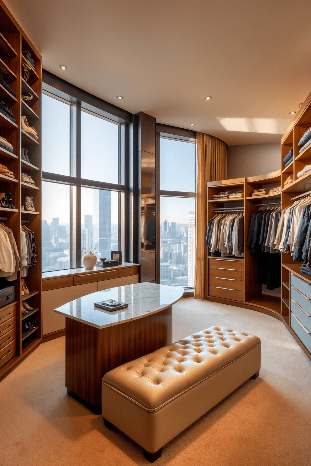 A luxurious walk-in closet with large windows offering a stunning view of the city skyline. The space features custom-built shelving and hanging areas, elegantly arranged to display an extensive collection of designer clothing and accessories. Soft, ambient lighting highlights the rich wood finishes and plush carpet underfoot. A central island with a marble top serves as a functional space for jewelry and personal items, complemented by a chic ottoman for seating.