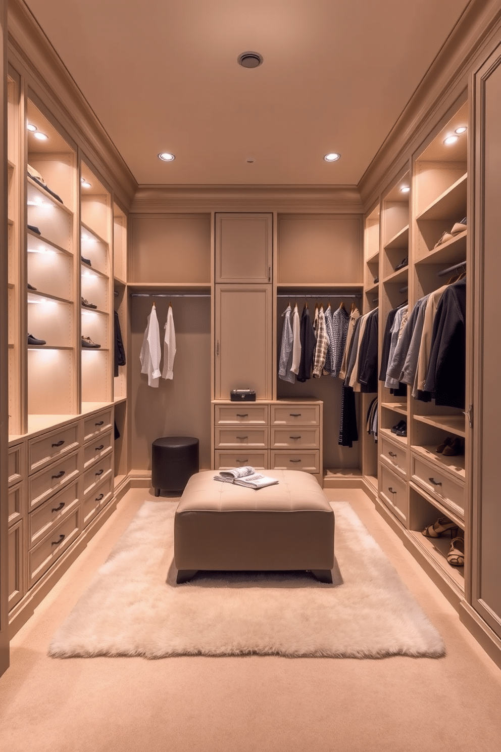 A luxurious walk-in closet featuring soft, ambient lighting that highlights the elegant shelving and hanging spaces. The walls are adorned with a soft beige hue, complemented by a plush area rug that adds warmth to the space. Custom-built cabinetry showcases a mix of open shelves and closed storage, providing ample space for shoes and accessories. A stylish ottoman sits in the center, inviting relaxation while selecting outfits for the day.