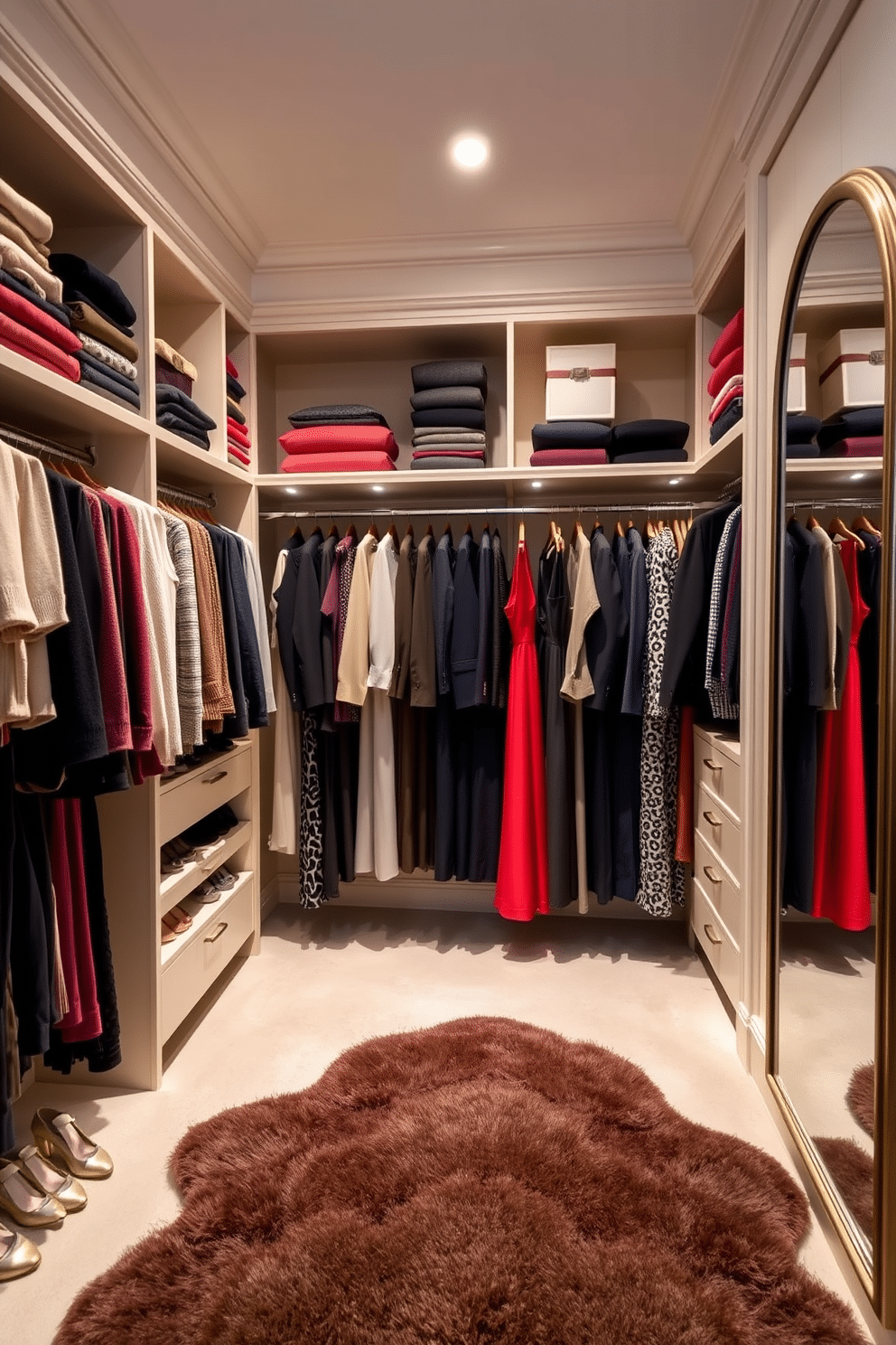 A stylish townhouse walk-in closet features a color-coordinated clothing arrangement that enhances visual appeal. Elegant shelving displays neatly folded sweaters, while hanging space showcases a curated selection of dresses and suits in complementary hues. Soft lighting illuminates the space, highlighting the rich textures of the fabrics. A plush area rug adds warmth, and a full-length mirror reflects the organized beauty of the closet.