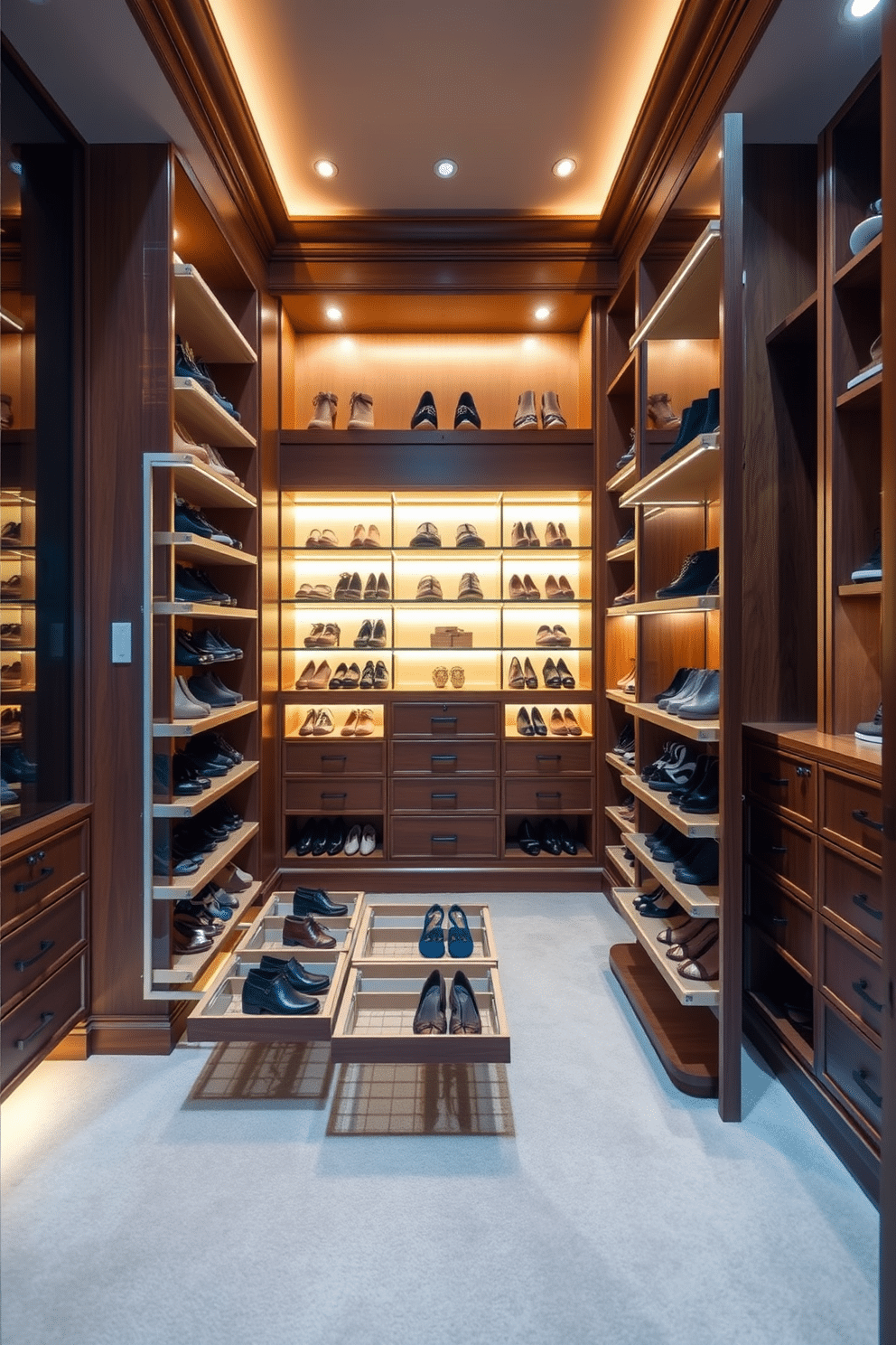 A luxurious townhouse walk-in closet features pull-out shoe racks for easy access, elegantly designed to showcase an extensive collection of footwear. The space is adorned with soft ambient lighting, creating a warm and inviting atmosphere that complements the rich wood finishes and plush carpeting.