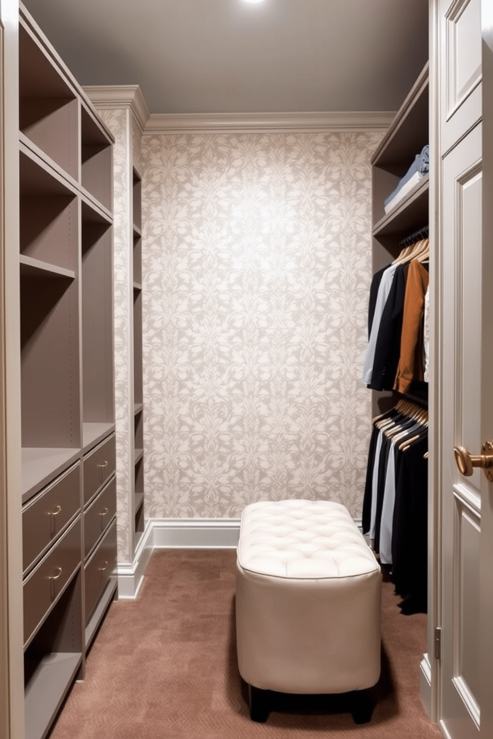 A stylish walk-in closet featuring elegant wallpaper with a subtle floral pattern as a unique backdrop. The space includes custom shelving and hanging racks, with a plush ottoman in the center for comfort and convenience.