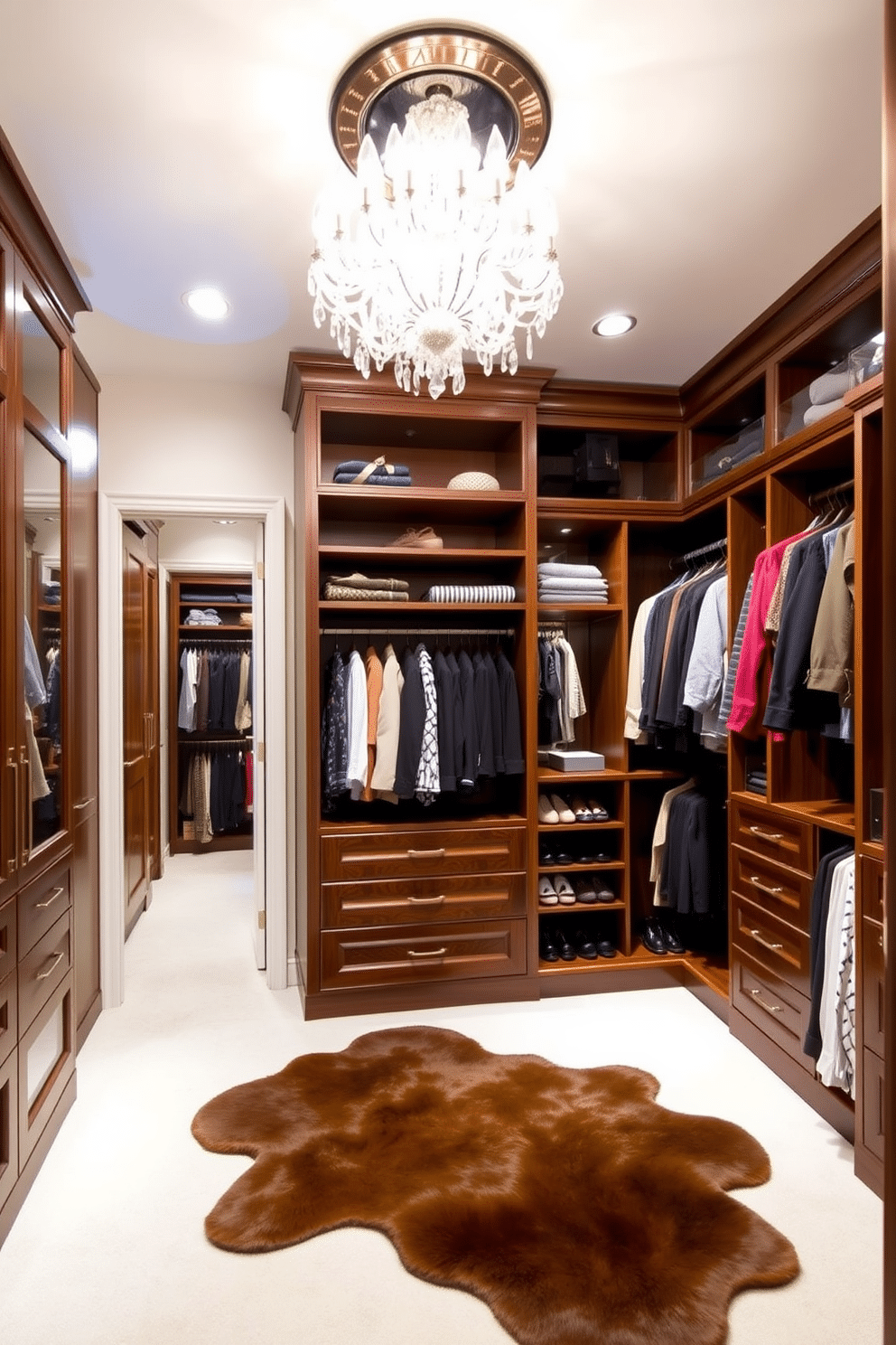 A luxurious walk-in closet designed for a townhouse, featuring custom-built shelving and cabinetry in a rich walnut finish. A stunning crystal chandelier hangs from the ceiling, casting a warm glow over the space, while a plush area rug adds comfort underfoot. The closet is organized with ample hanging space for clothing, along with dedicated sections for shoes and accessories. Soft, recessed lighting highlights the carefully curated collection, creating an inviting atmosphere for dressing and storage.