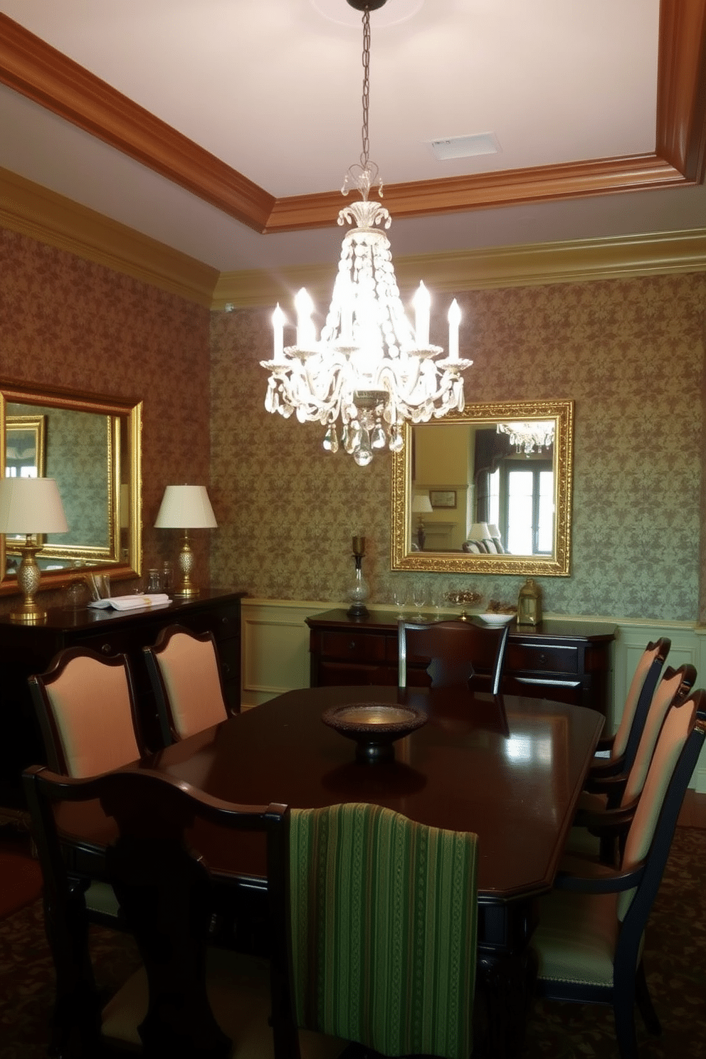 A traditional dining room features a dark wood table surrounded by upholstered chairs, creating a warm and inviting atmosphere. Above the table, an elegant chandelier with crystal accents casts a soft glow, enhancing the room's classic charm. The walls are adorned with rich wallpaper, and a large, framed mirror reflects the chandelier's light, adding depth to the space. A sideboard against one wall displays fine china and decorative pieces, completing the sophisticated look.