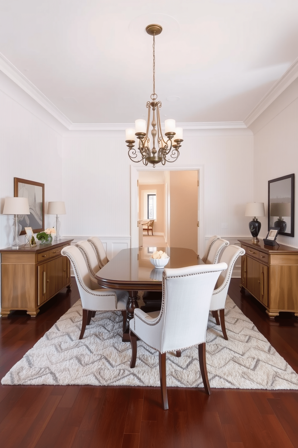 A traditional dining room with a soft neutral color palette that creates a calming atmosphere. The room features an elegant wooden dining table surrounded by upholstered chairs in light beige fabric, complemented by a matching sideboard against the wall. A large chandelier hangs from the ceiling, casting a warm glow over the space. The walls are adorned with subtle textured wallpaper, and a plush area rug lies beneath the table, adding warmth and comfort to the room.