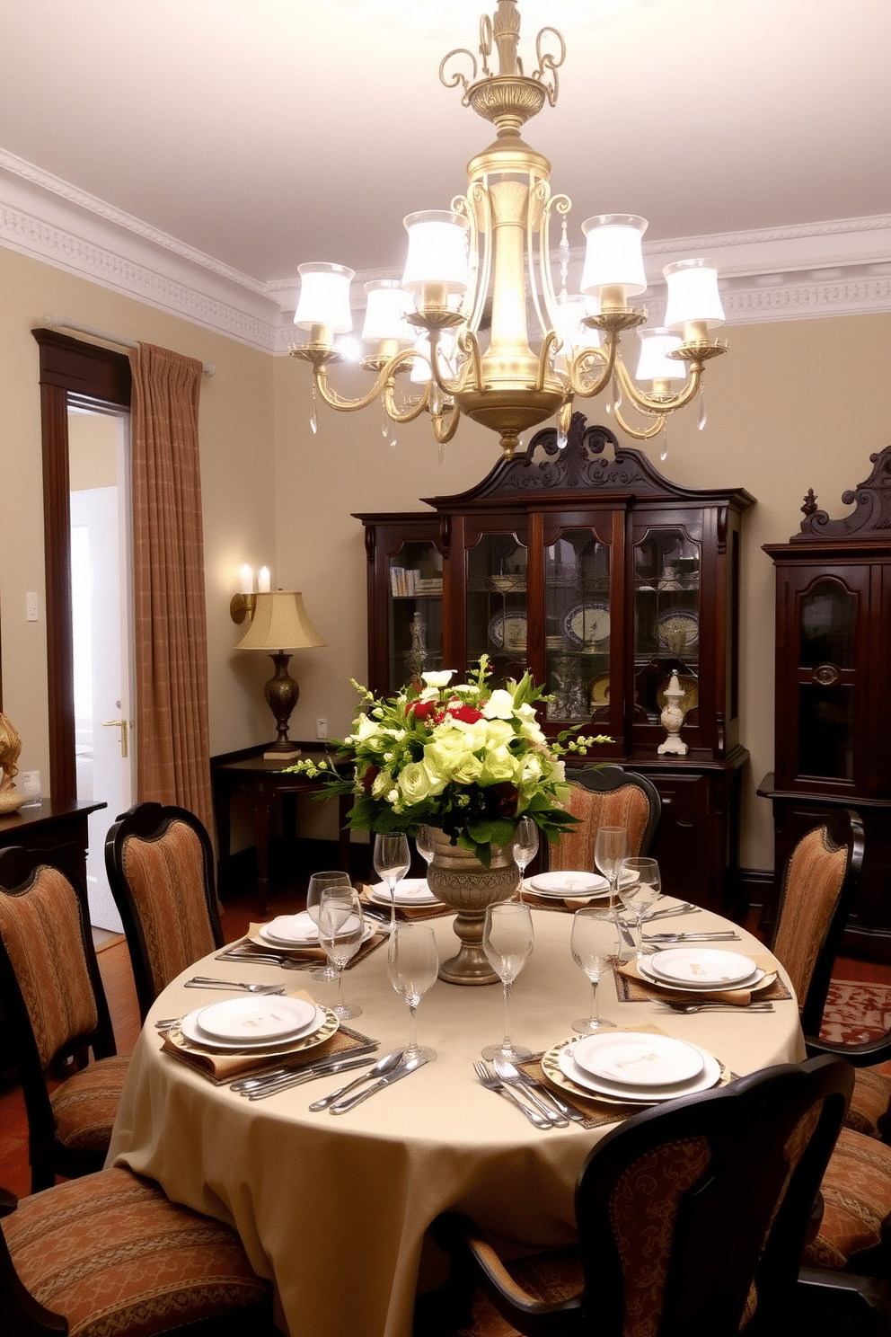 A traditional dining room features a beautifully set table adorned with fine china, crystal glassware, and polished silverware. The table is draped with an elegant linen tablecloth, complemented by a tasteful floral centerpiece in a classic vase. Surrounding the table are upholstered chairs with rich fabrics, providing comfort and style. The room is illuminated by a grand chandelier overhead, casting a warm glow on the intricate woodwork and classic decor elements throughout the space.