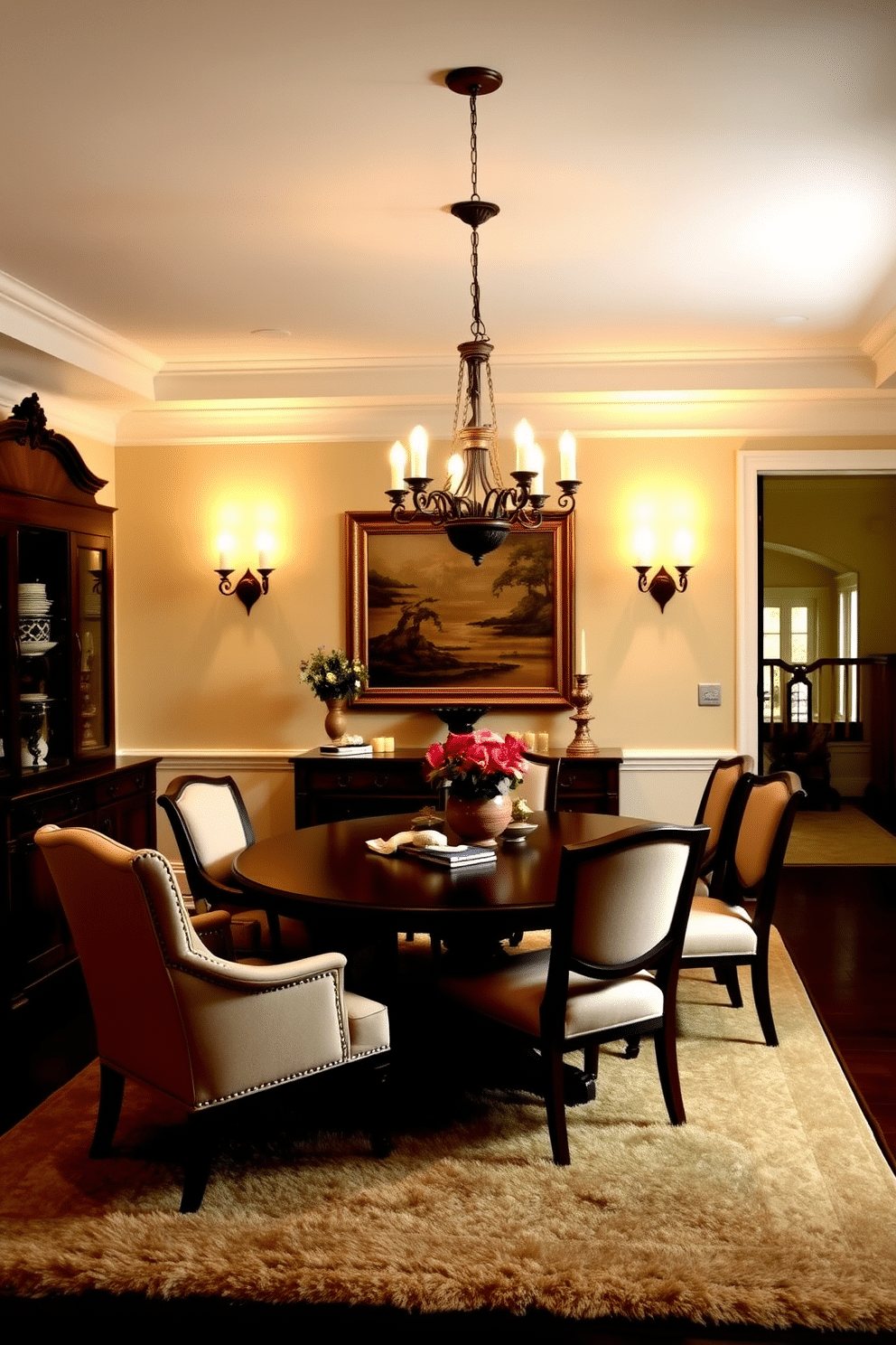 A traditional dining room features elegant candle sconces mounted on the walls, casting a warm and inviting glow throughout the space. The room is adorned with a large wooden dining table surrounded by upholstered chairs, creating a cozy atmosphere for gatherings. Rich, deep colors dominate the decor, with a classic chandelier hanging above the table to complement the sconces. A sideboard displays fine china and decorative items, while a plush area rug anchors the seating arrangement, adding texture and warmth to the design.