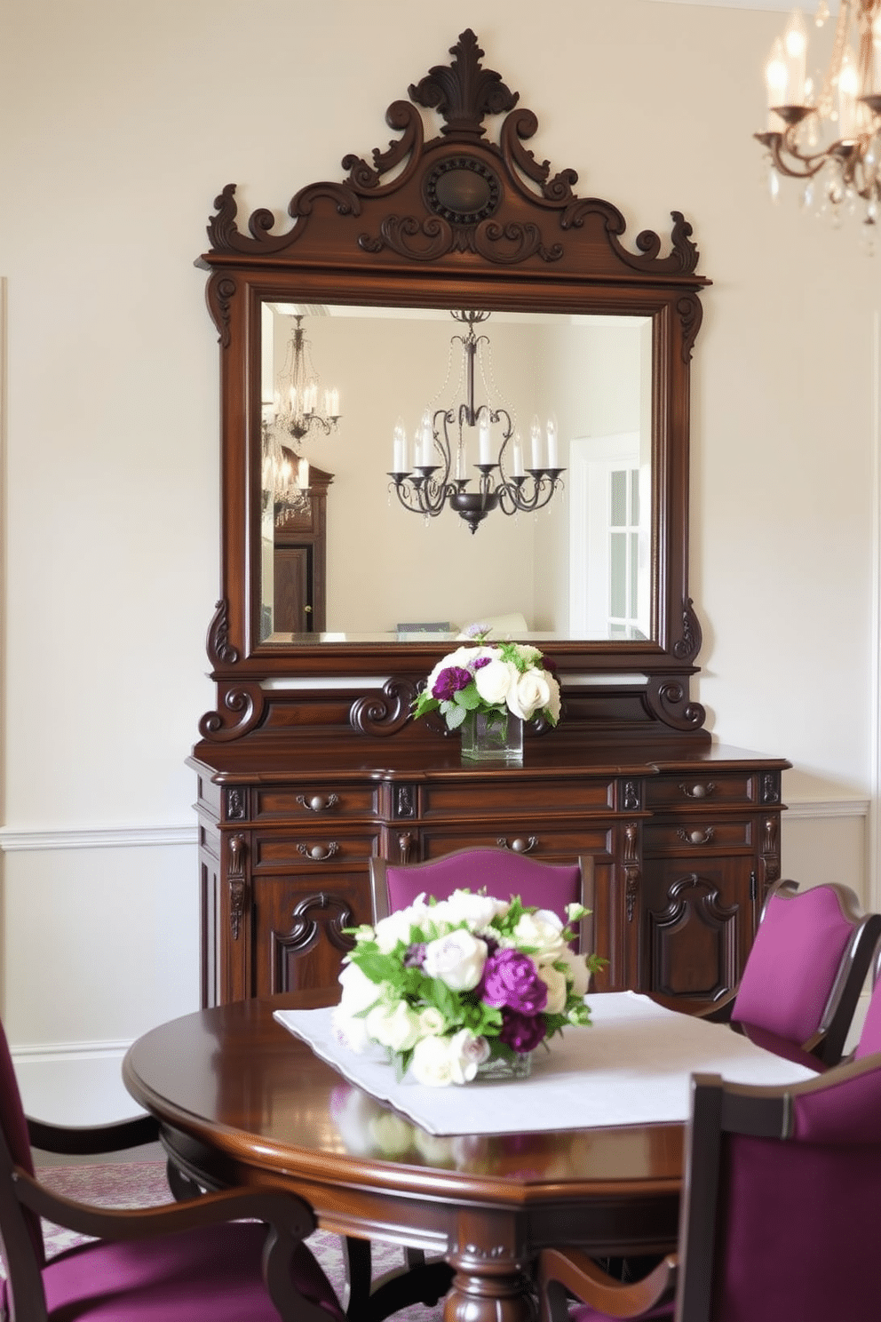 A stately buffet table occupies a prominent position against the wall, crafted from rich mahogany with intricate carvings and a polished finish. Above it, a large ornate mirror reflects the warm glow of a chandelier, enhancing the elegance of the space. The dining room features a classic wooden dining table surrounded by upholstered chairs in a deep burgundy fabric. Soft, neutral tones on the walls complement the dark wood accents, while a floral centerpiece adds a touch of freshness to the traditional ambiance.