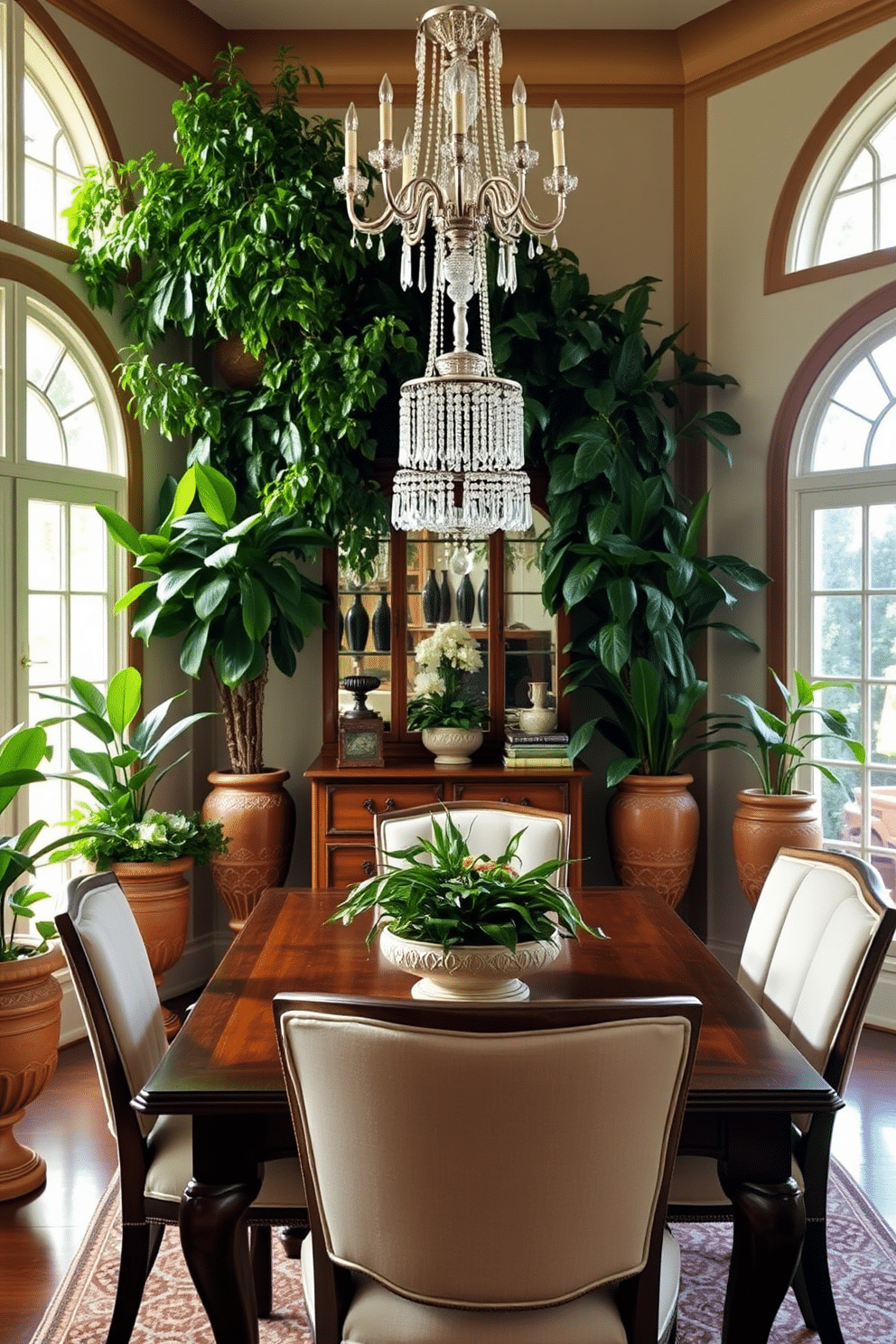 Lush greenery in decorative planters creates a vibrant atmosphere in the traditional dining room. The planters, crafted from terracotta and adorned with intricate patterns, are strategically placed around the space to enhance the natural light filtering through the large windows. The dining table, made of rich mahogany, is the centerpiece of the room, surrounded by upholstered chairs in a soft cream fabric. A stunning chandelier hangs above the table, featuring delicate crystal accents that reflect the warm glow of the ambient lighting.