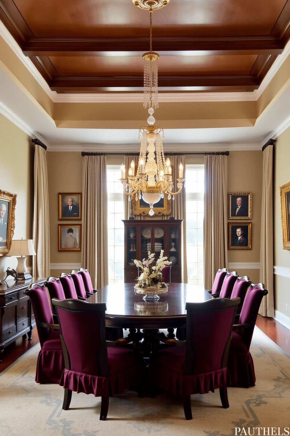 A traditional dining room features a large, polished mahogany table surrounded by upholstered chairs in rich burgundy fabric. The walls are adorned with family portraits framed in ornate gold frames, adding a personal touch to the elegant space. A grand chandelier hangs from the ceiling, casting a warm glow over the room. Soft, neutral drapes frame the tall windows, allowing natural light to filter in while maintaining an intimate atmosphere.