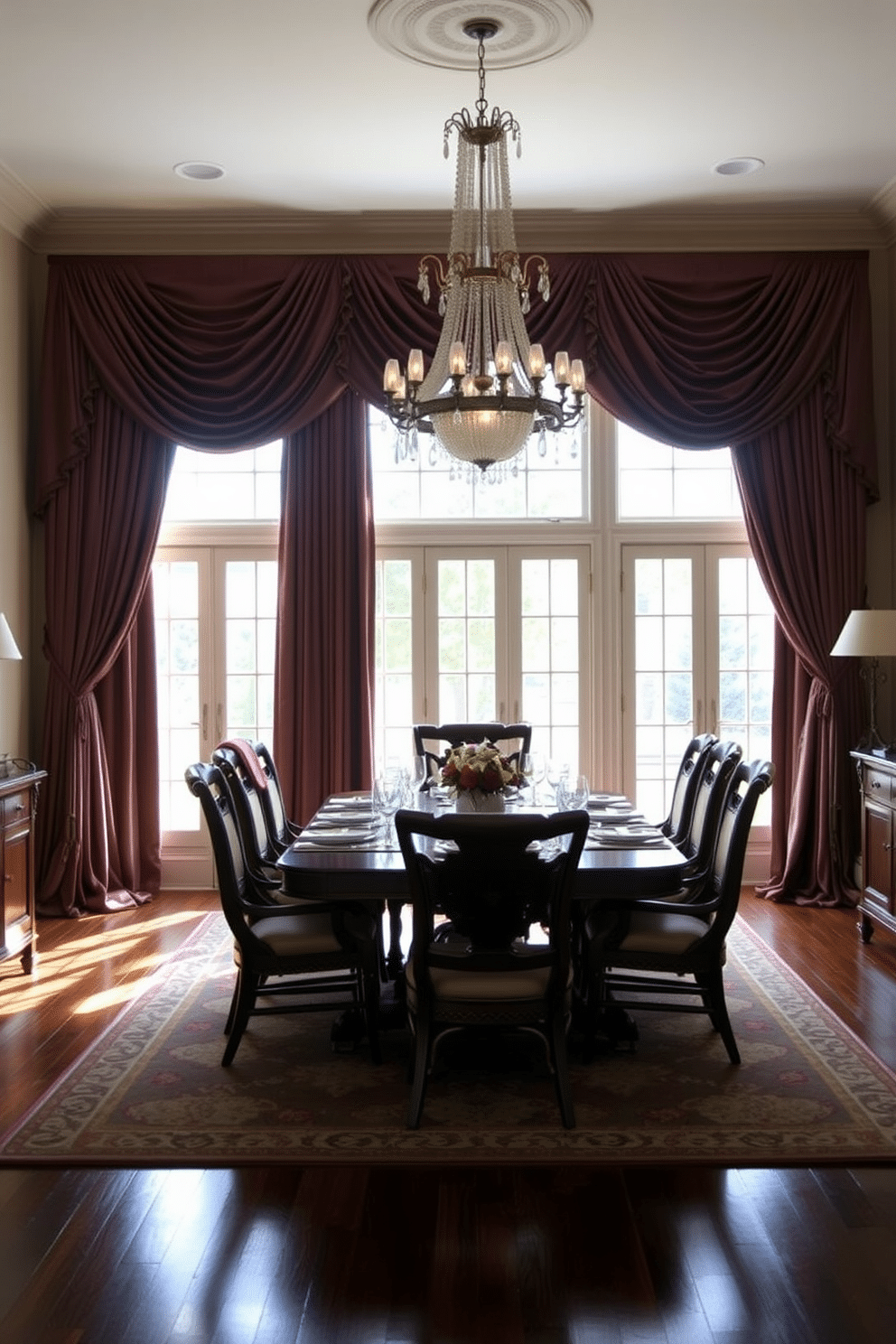 A traditional dining room adorned with heavy drapes in rich, deep colors that cascade elegantly to the floor, framing large windows that allow natural light to filter through. The room features a grand wooden dining table set for eight, surrounded by upholstered chairs with intricate detailing, and a stunning chandelier hanging above to create a warm, inviting atmosphere.