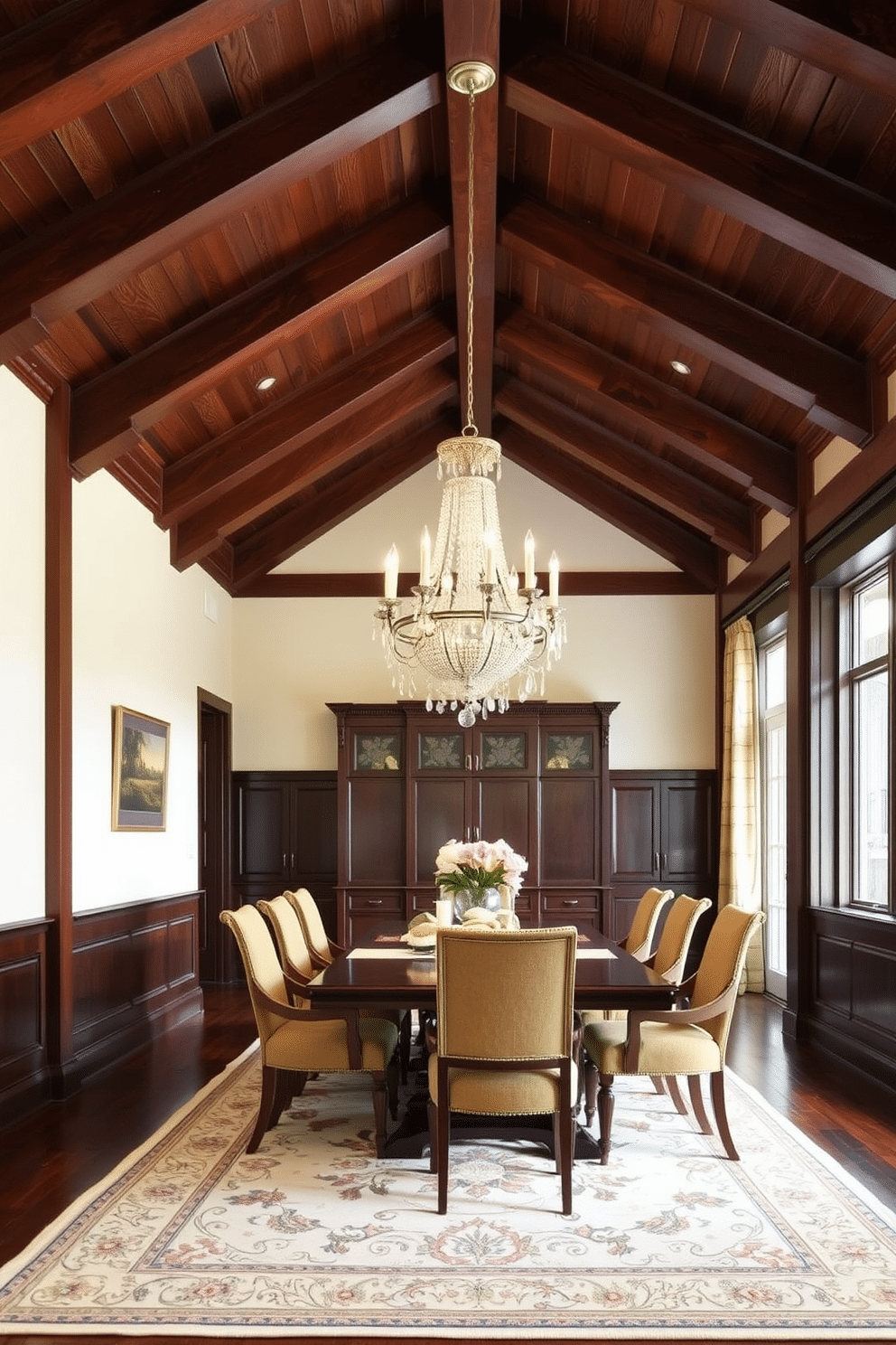 A traditional dining room featuring rich wooden beams that enhance the architectural interest of the space. The room is adorned with a large, elegant wooden dining table surrounded by plush upholstered chairs in a warm fabric. A stunning chandelier hangs from the ceiling, casting a soft glow over the setting. The walls are painted in a classic cream color, complemented by dark wood wainscoting and a beautiful area rug that ties the room together.