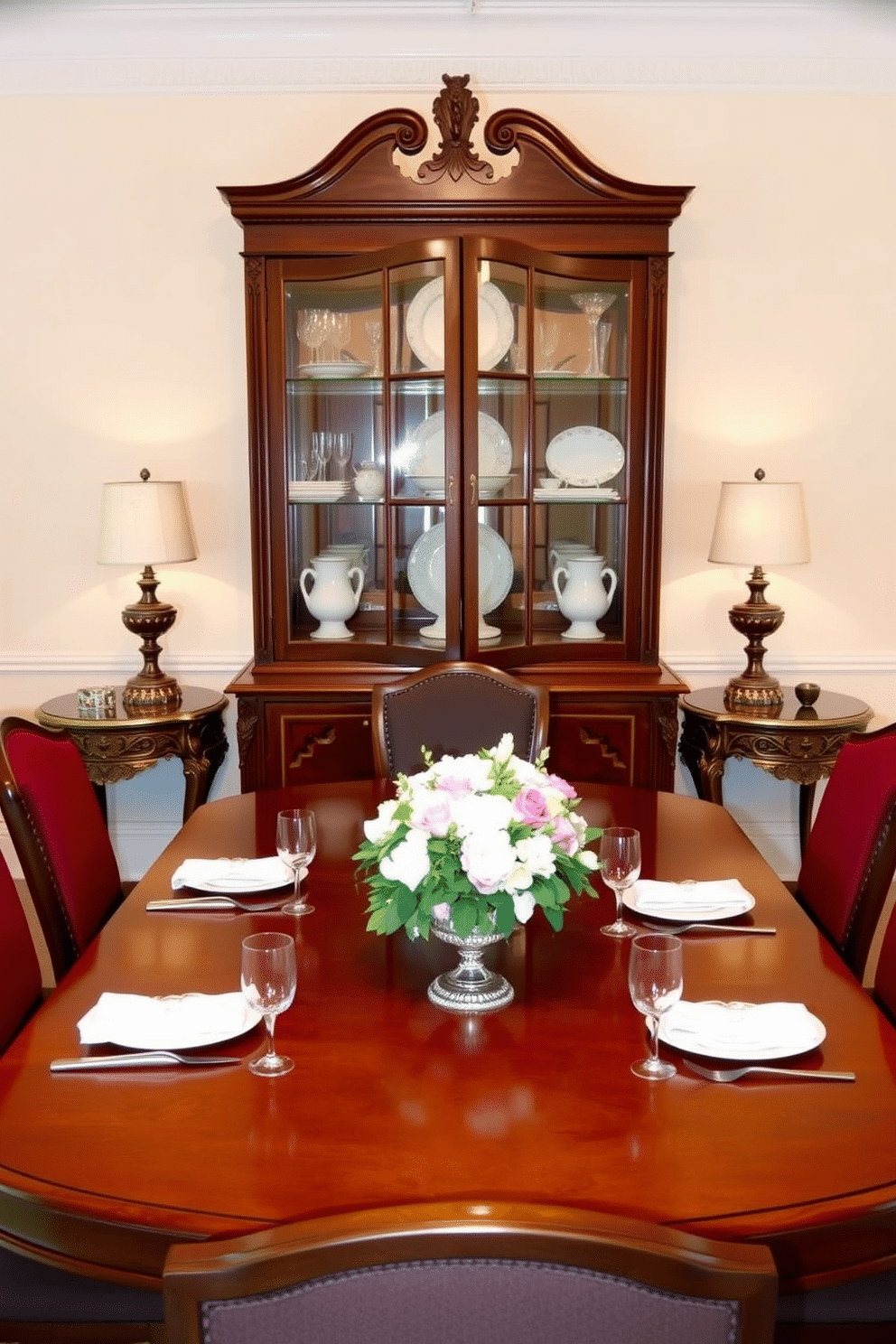 An elegant china cabinet with glass doors stands against a soft cream wall, showcasing an exquisite collection of fine china and crystal glassware. The cabinet is flanked by two ornate side tables, each adorned with decorative lamps that cast a warm glow over the room. The dining table is a rich mahogany, surrounded by upholstered chairs in a deep burgundy fabric, providing a luxurious contrast. A tasteful centerpiece of fresh flowers sits atop the table, complemented by elegant place settings and vintage silverware.