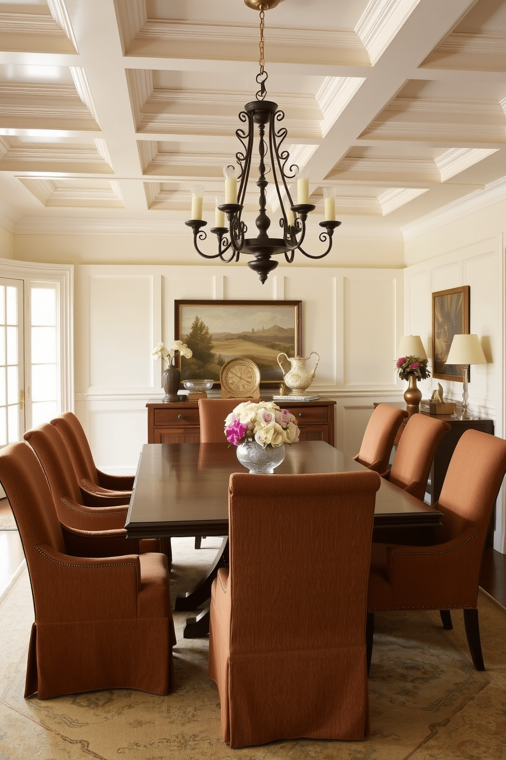 A traditional dining room featuring a warm wooden table surrounded by upholstered chairs in rich, textured fabric. The room is adorned with a vintage chandelier hanging from a coffered ceiling, and a large area rug anchors the space beneath the table. The walls are painted in a soft cream color, complemented by wainscoting for added elegance. A sideboard made of reclaimed wood displays decorative china and a few carefully arranged floral arrangements, enhancing the cozy atmosphere.