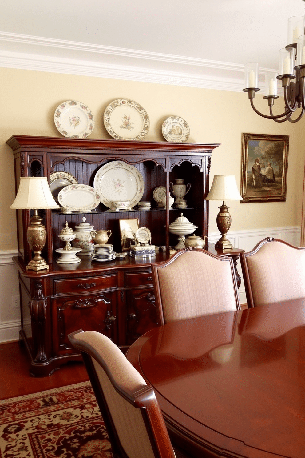 A traditional dining room features an antique sideboard showcasing an elegant display of decorative china. The sideboard is made of rich mahogany, adorned with intricate carvings, and is complemented by a large, polished dining table surrounded by upholstered chairs.