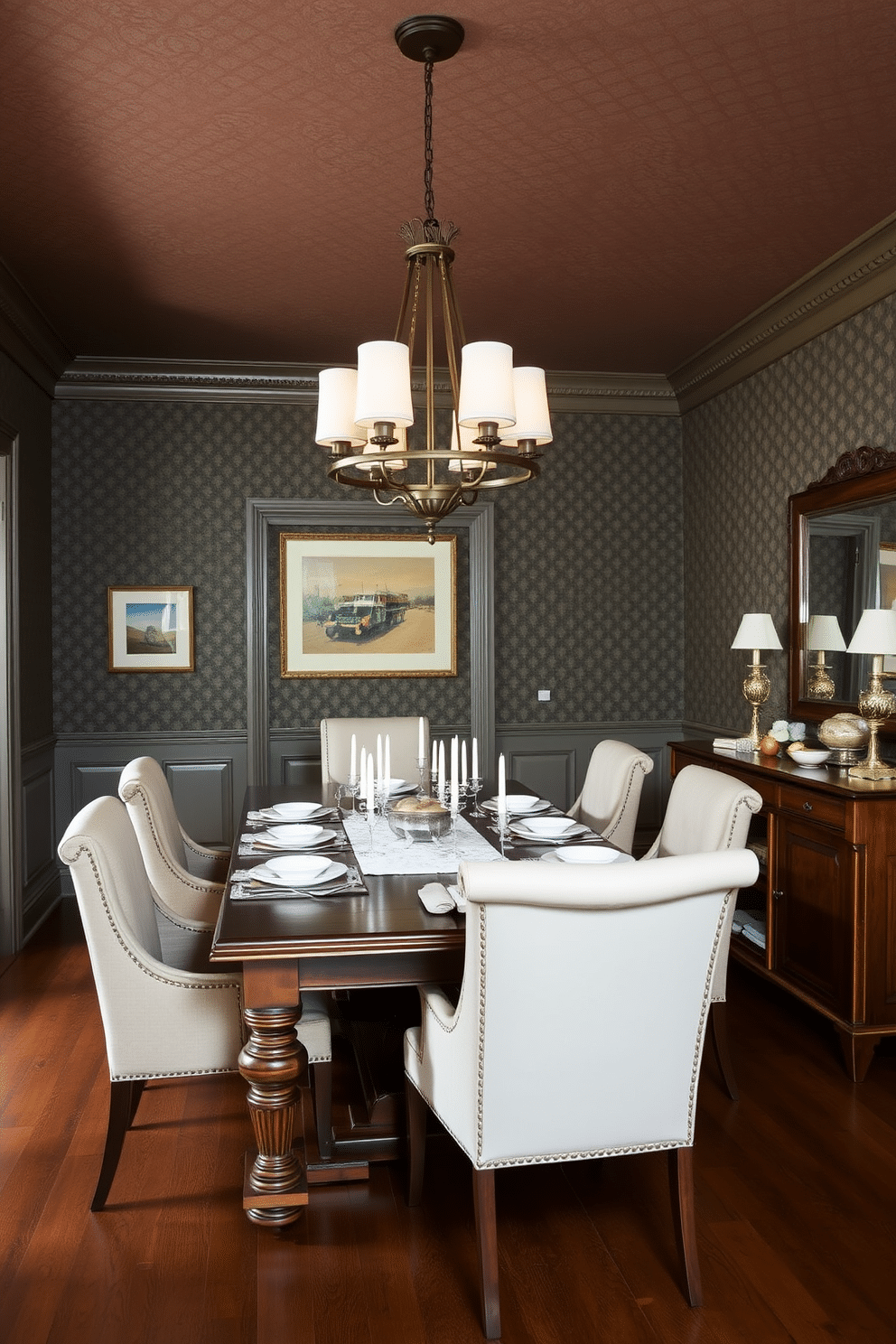 A traditional dining room featuring a large wooden table surrounded by upholstered chairs. Classic pendant lights hang gracefully above the table, casting a warm glow on the elegant table setting. The walls are adorned with rich, textured wallpaper in a deep hue, complemented by decorative wainscoting. A beautiful sideboard rests against one wall, showcasing fine china and decorative pieces.