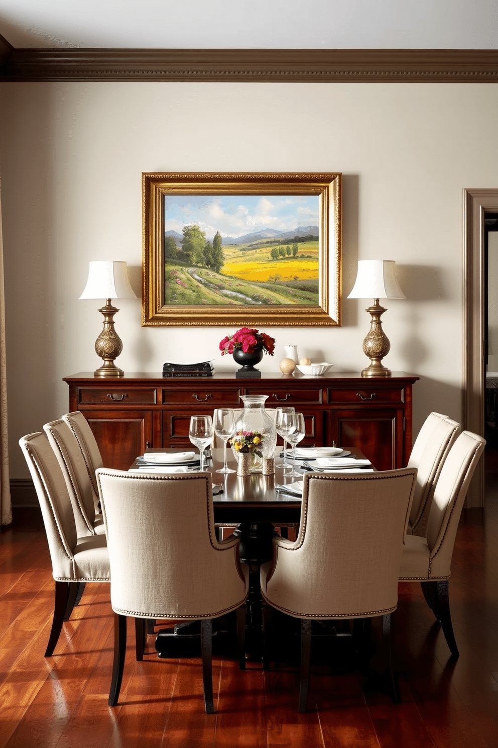 A traditional dining room features a large, elegant wooden sideboard adorned with statement artwork above it, showcasing a vibrant landscape painting in a classic frame. The dining table, surrounded by upholstered chairs, is set with fine china and crystal glassware, creating a warm and inviting atmosphere for family gatherings.