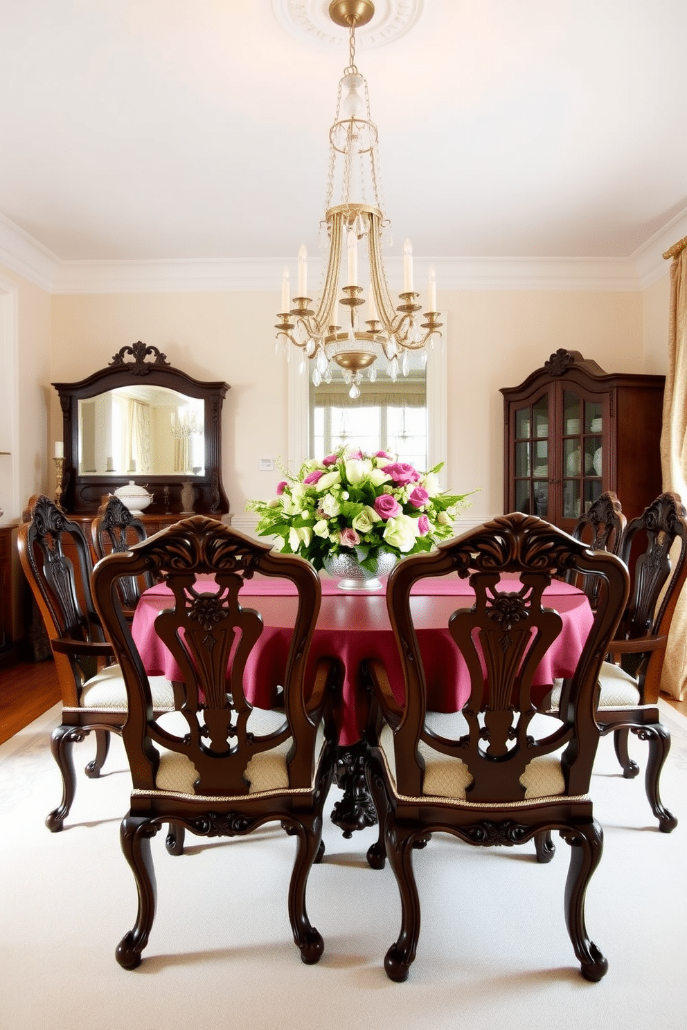 A traditional dining room featuring elegantly carved wooden chairs that exude timeless charm. The table is adorned with a rich tablecloth, and a stunning chandelier hangs above, casting a warm glow over the space. The walls are painted in a soft cream color, providing a classic backdrop for the intricate details of the furniture. An ornate sideboard displays fine china, while a large floral arrangement adds a touch of color to the setting.