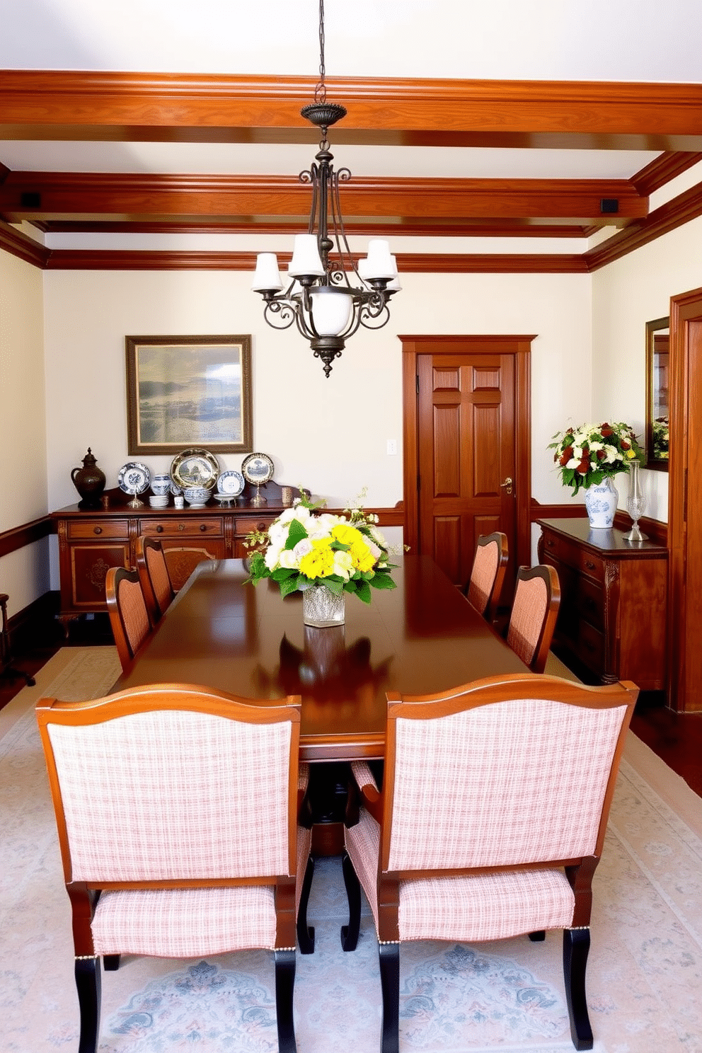 A traditional dining room adorned with warm wood tones creates an inviting atmosphere. The large wooden dining table, surrounded by upholstered chairs in rich fabrics, is the centerpiece of the space, complemented by an elegant chandelier overhead. The walls are painted in a soft cream color, enhancing the warmth of the wood. A vintage sideboard against one wall displays decorative china and a bouquet of fresh flowers, adding a touch of charm to the room.