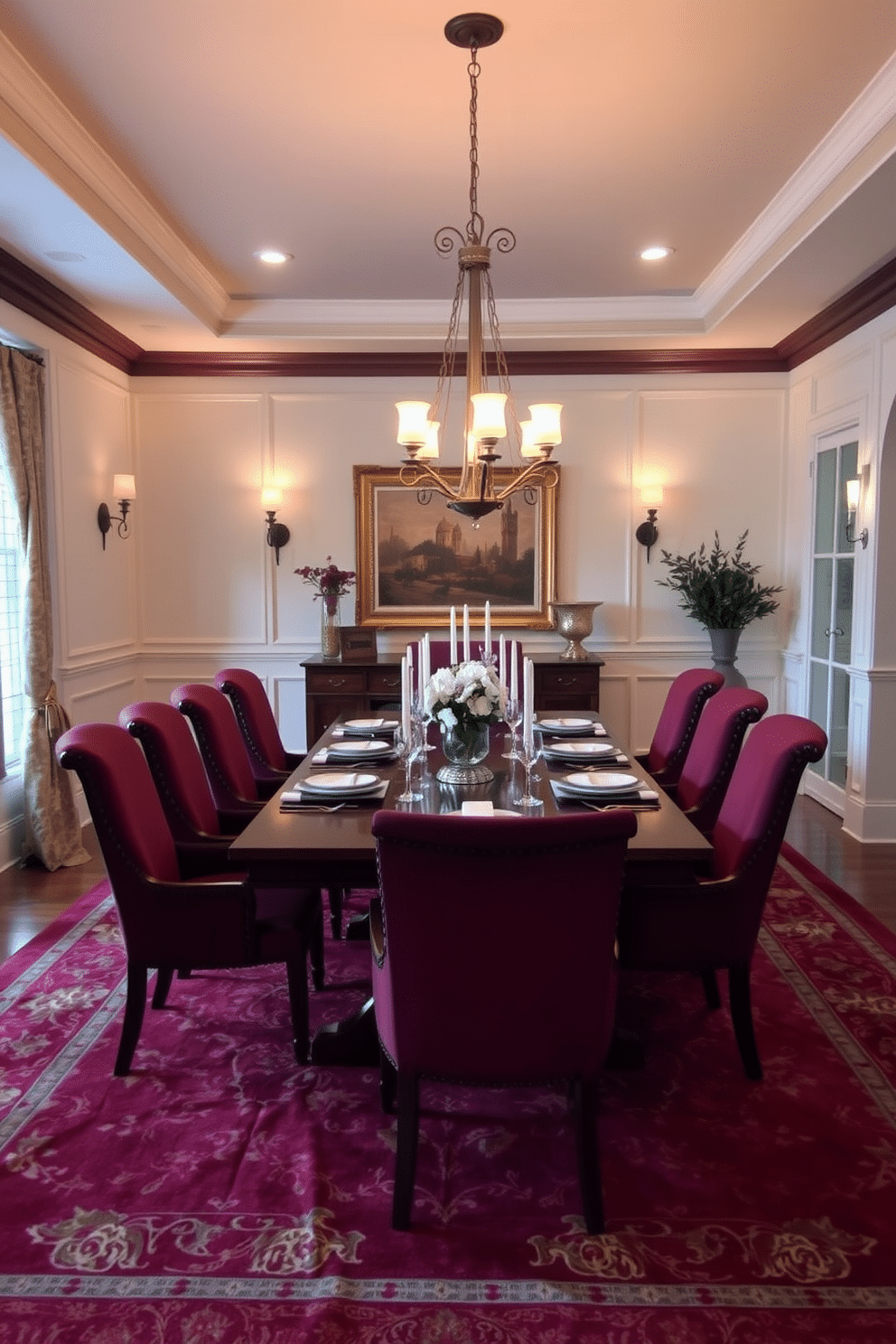 A traditional dining room features a large wooden table set for eight, surrounded by upholstered chairs in rich burgundy fabric. The room is illuminated by a stunning chandelier with warm, dimmable light, complemented by wall sconces that provide additional ambient lighting. The walls are adorned with elegant wainscoting painted in a soft cream color, while a large, framed artwork hangs prominently above a sideboard. A plush area rug in deep reds and golds anchors the space, adding warmth and texture beneath the table.