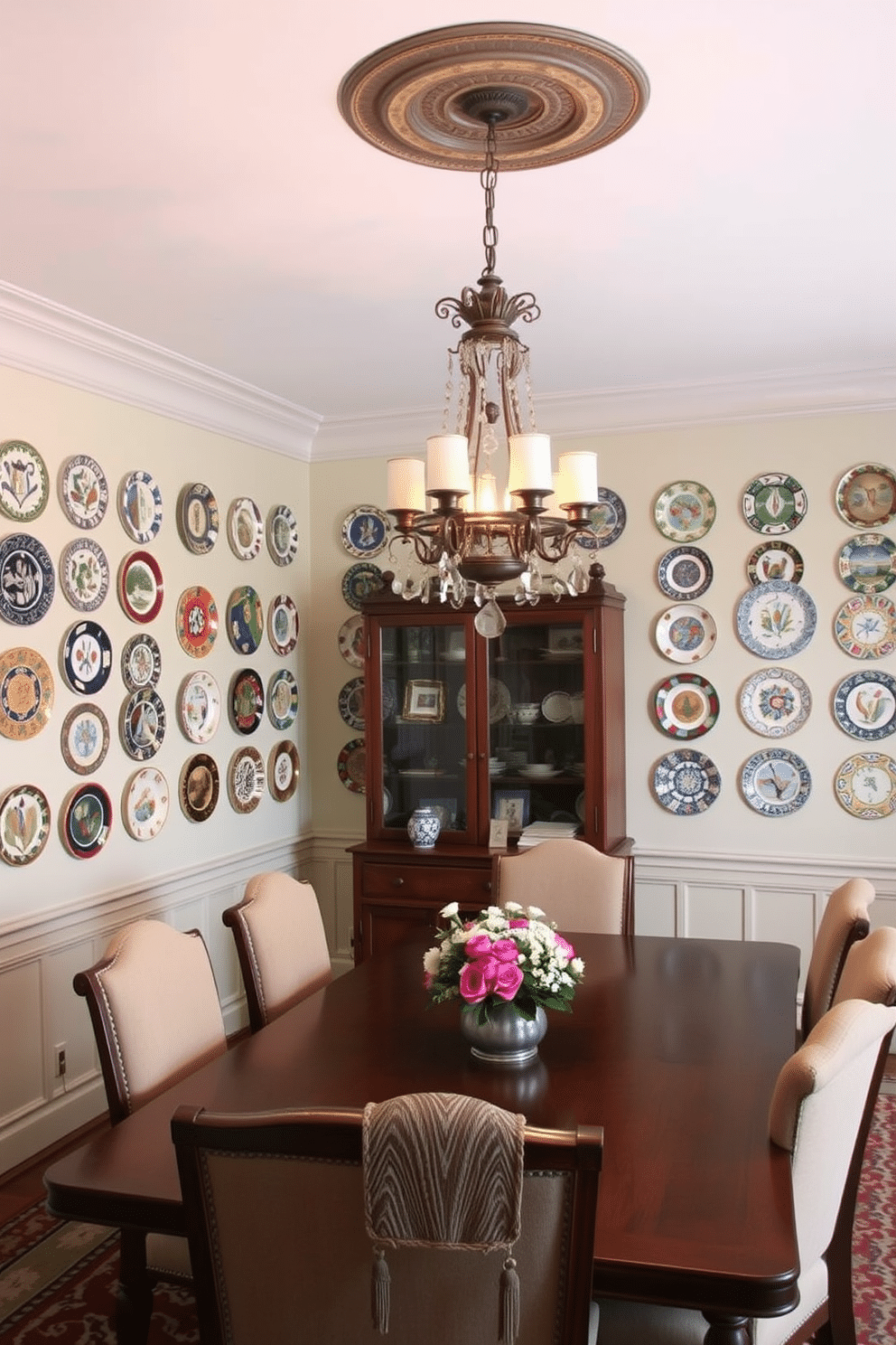 A traditional dining room featuring decorative plates displayed on the walls, showcasing intricate designs and vibrant colors. The room is adorned with a large wooden dining table, surrounded by upholstered chairs, and a classic chandelier hangs overhead, casting a warm glow.