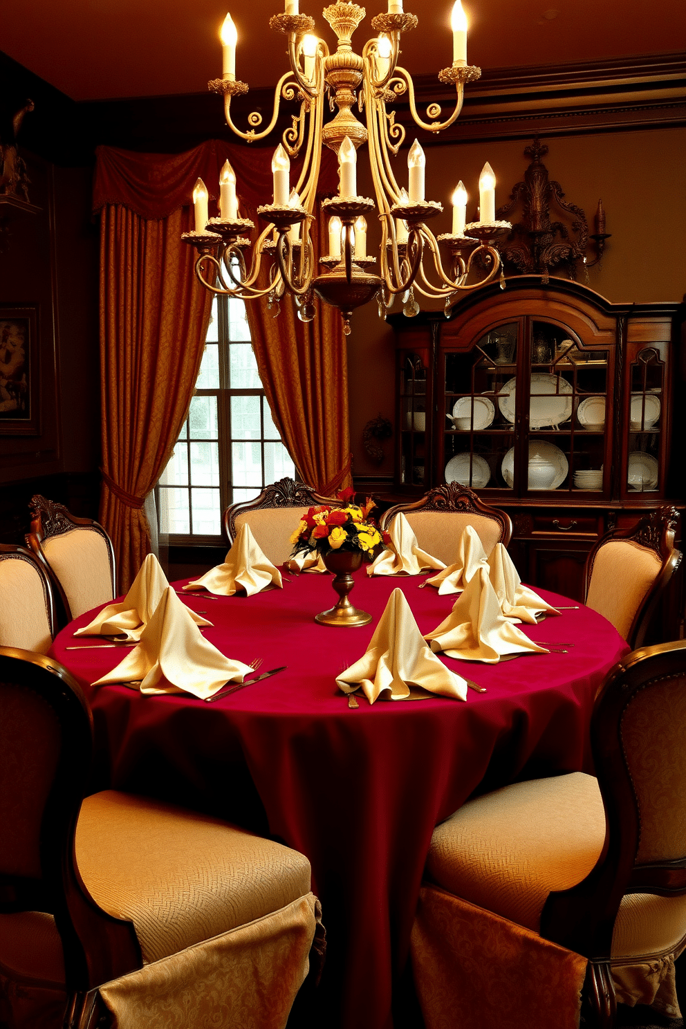 A traditional dining room featuring rich textures in table linens and napkins. The table is elegantly set with a deep burgundy tablecloth, complemented by gold-accented napkins folded in intricate designs. Surrounding the table are ornate wooden chairs with plush upholstery, creating a warm and inviting atmosphere. A grand chandelier hangs above, casting a soft glow on the exquisite china displayed in a nearby antique cabinet.