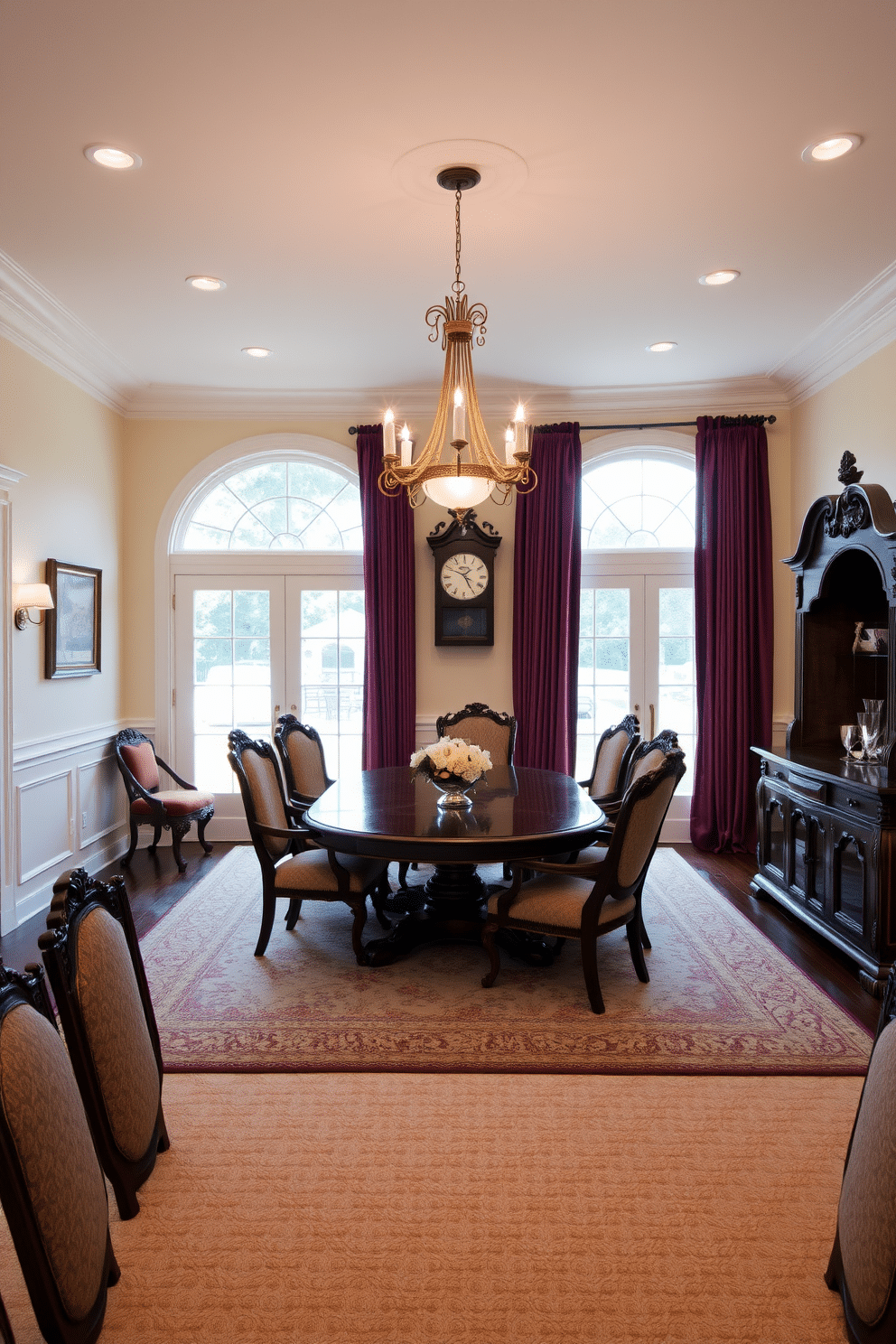 A traditional dining room features a large, ornate wooden table surrounded by high-backed upholstered chairs in rich fabrics. A grand chandelier hangs from the ceiling, casting a warm glow over the space, while a traditional clock sits prominently on the wall, adding a timeless focal point. The walls are adorned with elegant wainscoting painted in a soft cream color, complementing the deep burgundy drapes that frame the windows. A sideboard with intricate carvings holds fine china and crystal glassware, enhancing the classic ambiance of the room.