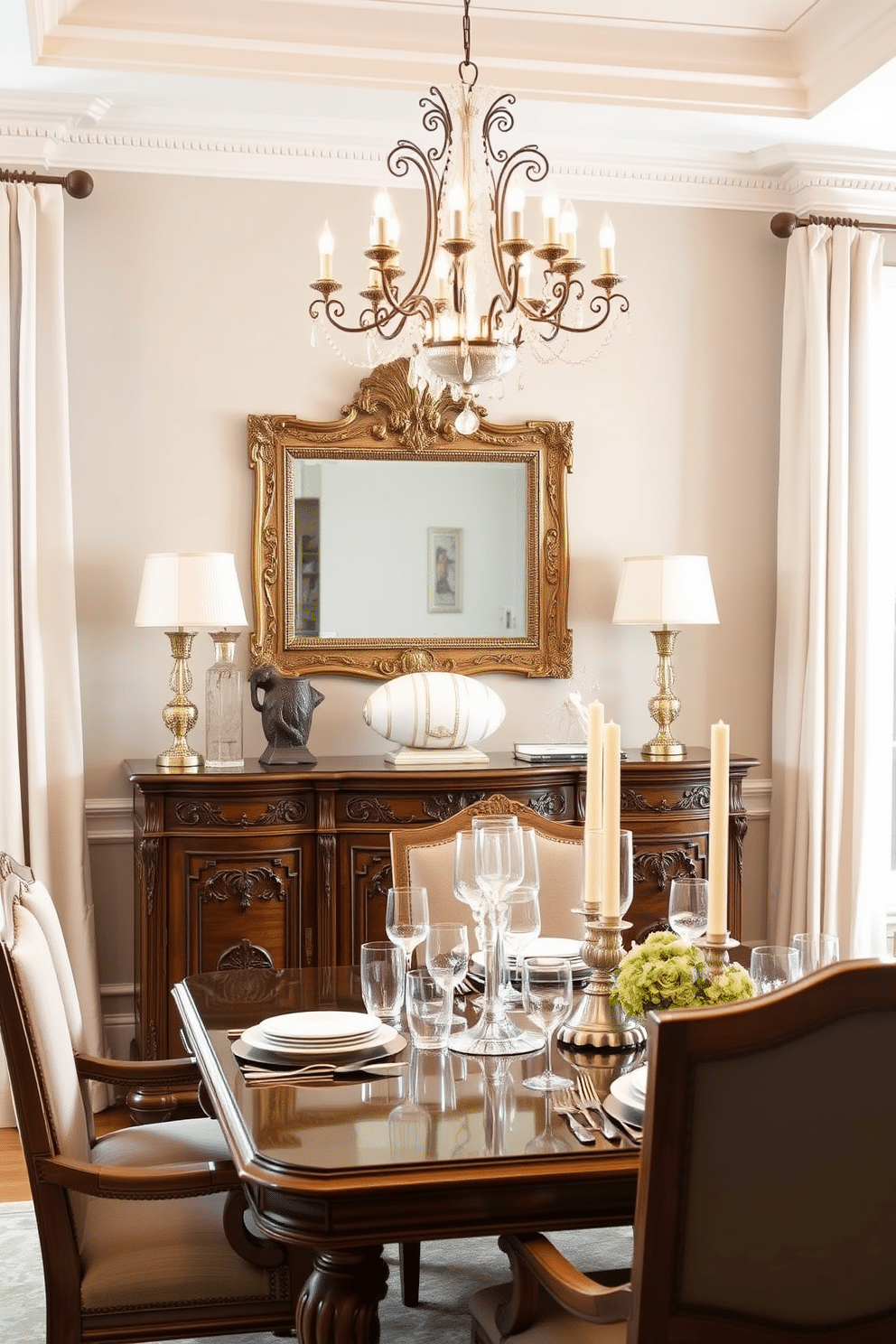 A classic buffet with intricate detailing stands elegantly against the wall, showcasing ornate carvings and a rich wood finish. Above it, a large mirror with a decorative frame reflects the warm glow of the chandelier hanging in the center of the room. The dining table is set with fine china and crystal glassware, surrounded by upholstered chairs that complement the room's color palette. Soft drapes frame the windows, allowing natural light to filter in while adding a touch of sophistication to the traditional dining room ambiance.