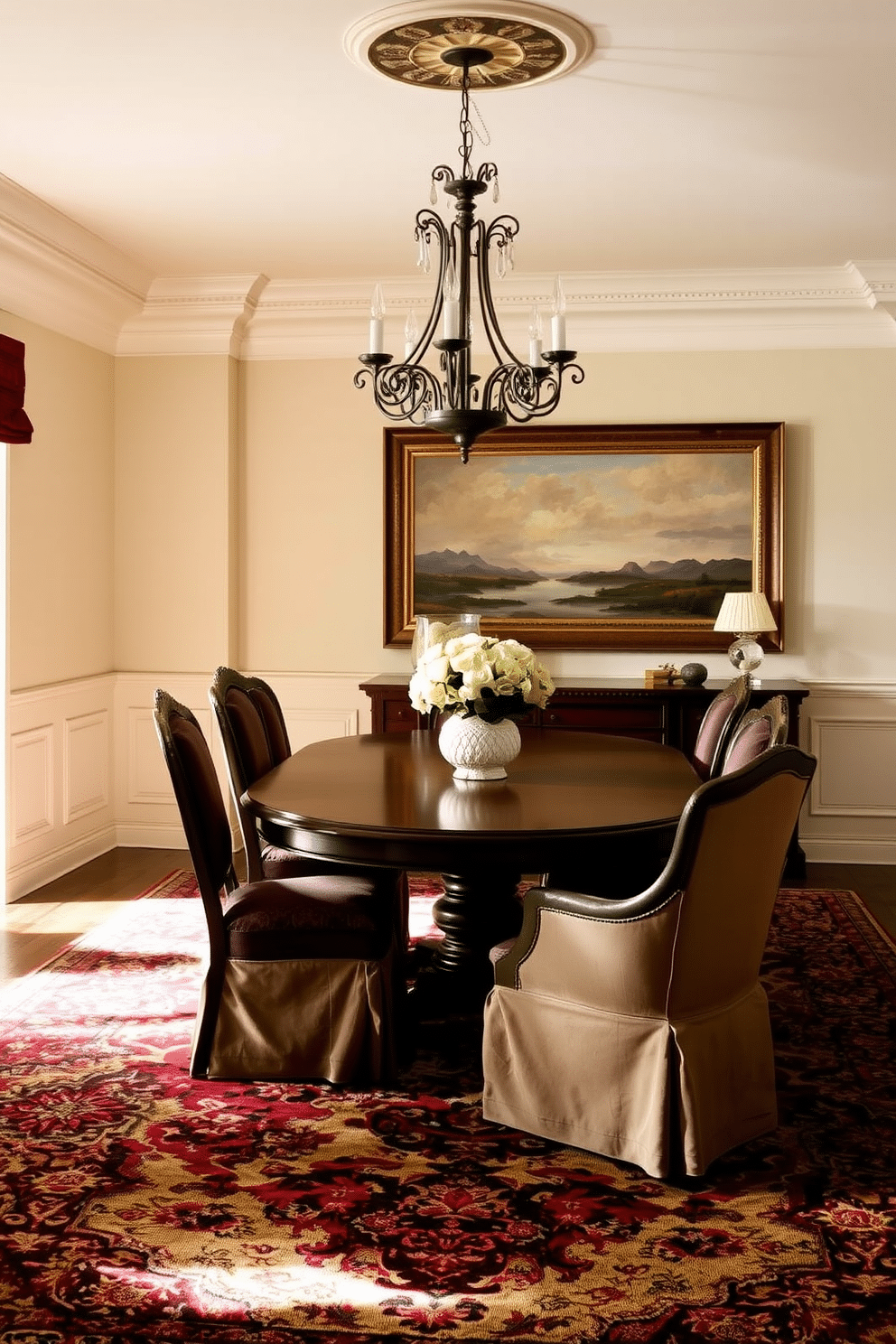 A richly patterned area rug lies elegantly beneath a classic wooden dining table, enhancing the warmth of the space. Surrounding the table are upholstered chairs in deep hues, complemented by a stunning chandelier that casts a soft glow over the setting. The walls are adorned with tasteful wainscoting, painted in a soft cream color that contrasts beautifully with the dark wood accents. A large, framed painting of a serene landscape hangs prominently, adding a touch of sophistication to the traditional dining room.