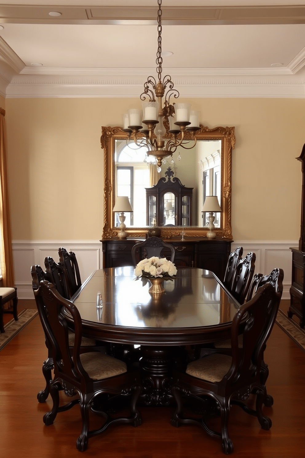 A traditional dining room featuring an antique mirror that elegantly reflects natural light, enhancing the spacious ambiance. The room is adorned with a grand wooden dining table surrounded by intricately carved chairs, complemented by a classic chandelier overhead.