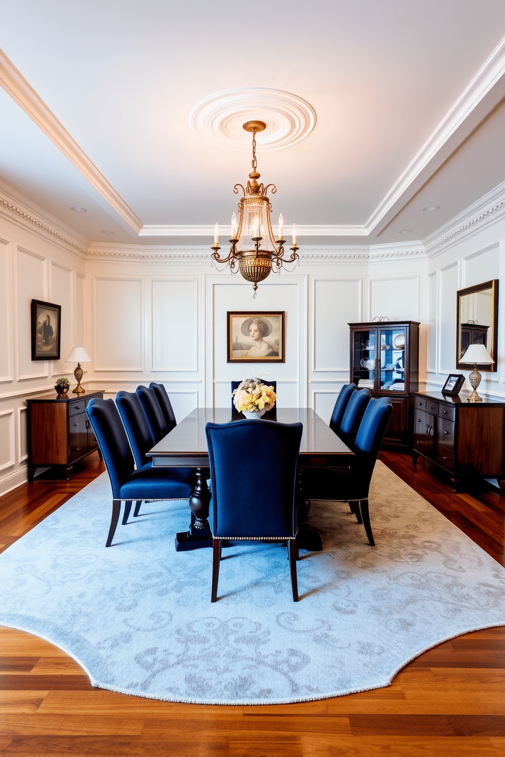 Classic wainscoting adorns the walls of a spacious dining room, painted in a soft cream color that complements the elegant crown molding above. A large, dark wood dining table sits at the center, surrounded by upholstered chairs in a rich navy fabric, creating a striking contrast against the lighter walls. An ornate chandelier hangs from the ceiling, casting a warm glow over the table, while a sideboard in a matching wood finish showcases fine china and decorative pieces. The room is accented with a plush area rug in muted tones, adding warmth and texture to the hardwood floor beneath.