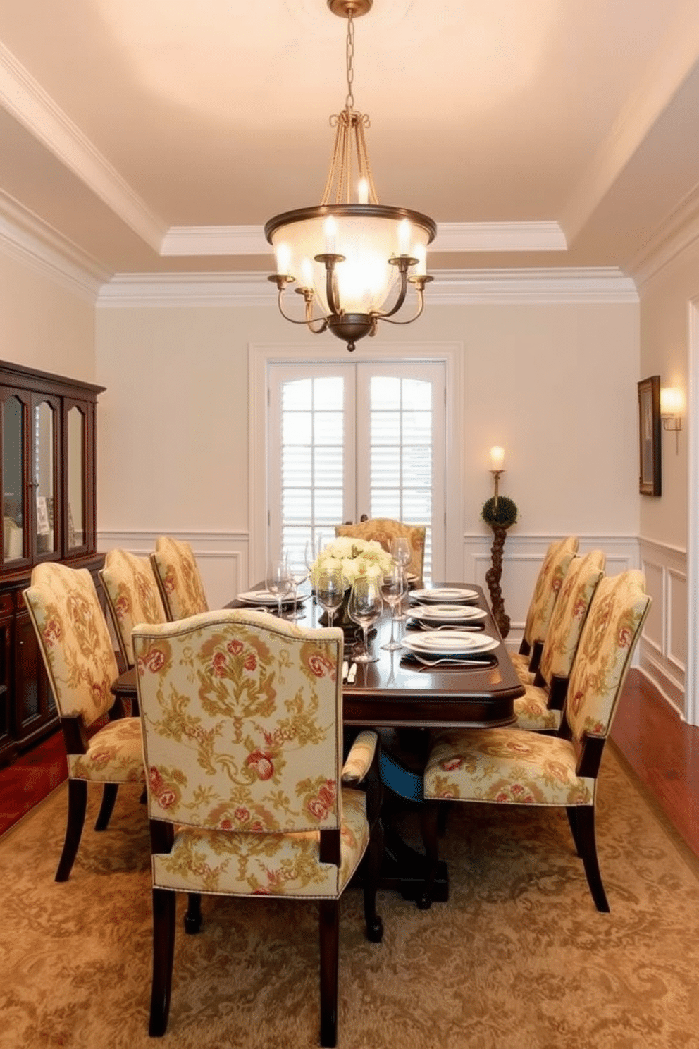 Traditional upholstered chairs with floral fabric create an inviting atmosphere in a classic dining room. The rich colors of the fabric complement a polished wooden dining table, surrounded by elegant place settings and soft, ambient lighting. A large chandelier hangs above, casting a warm glow over the space. The walls are adorned with tasteful artwork and wainscoting, while a plush area rug anchors the room, adding texture and comfort.