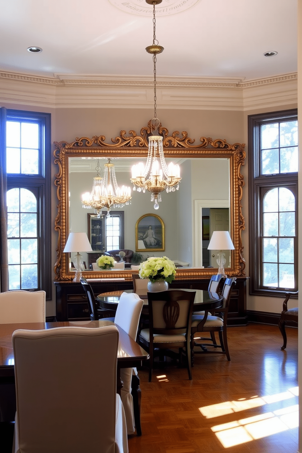 A traditional dining room featuring a large, ornate mirror that reflects natural light, creating an airy and spacious atmosphere. The room is adorned with a rich wooden dining table surrounded by upholstered chairs, and a classic chandelier hangs overhead, illuminating the space beautifully.