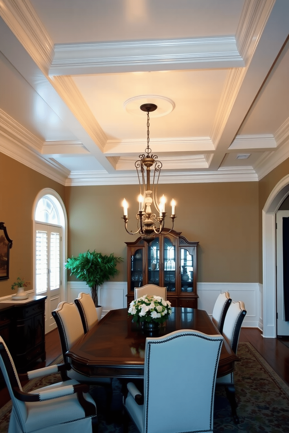 A traditional dining room featuring elegant crown molding that enhances the ceiling's height and sophistication. The room is adorned with a large wooden dining table surrounded by upholstered chairs, complemented by a classic chandelier that provides warm lighting.