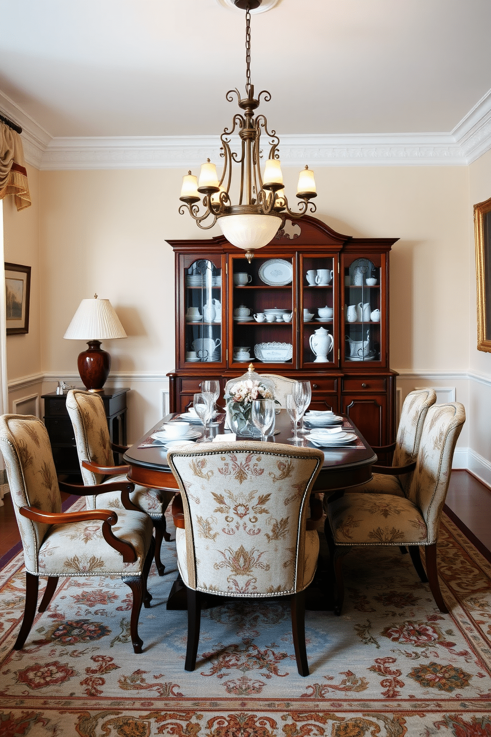 A vintage china cabinet stands prominently against a soft, pastel-colored wall, displaying an array of delicate heirloom pieces that tell a story of generations. The dining table, crafted from rich mahogany, is elegantly set with fine china and crystal glassware, complemented by plush upholstered chairs in a muted floral pattern. Warm ambient lighting from a classic chandelier bathes the room in a cozy glow, enhancing the inviting atmosphere. A large area rug with intricate designs anchors the space, while tasteful artwork adorns the walls, adding character to this traditional dining room setting.