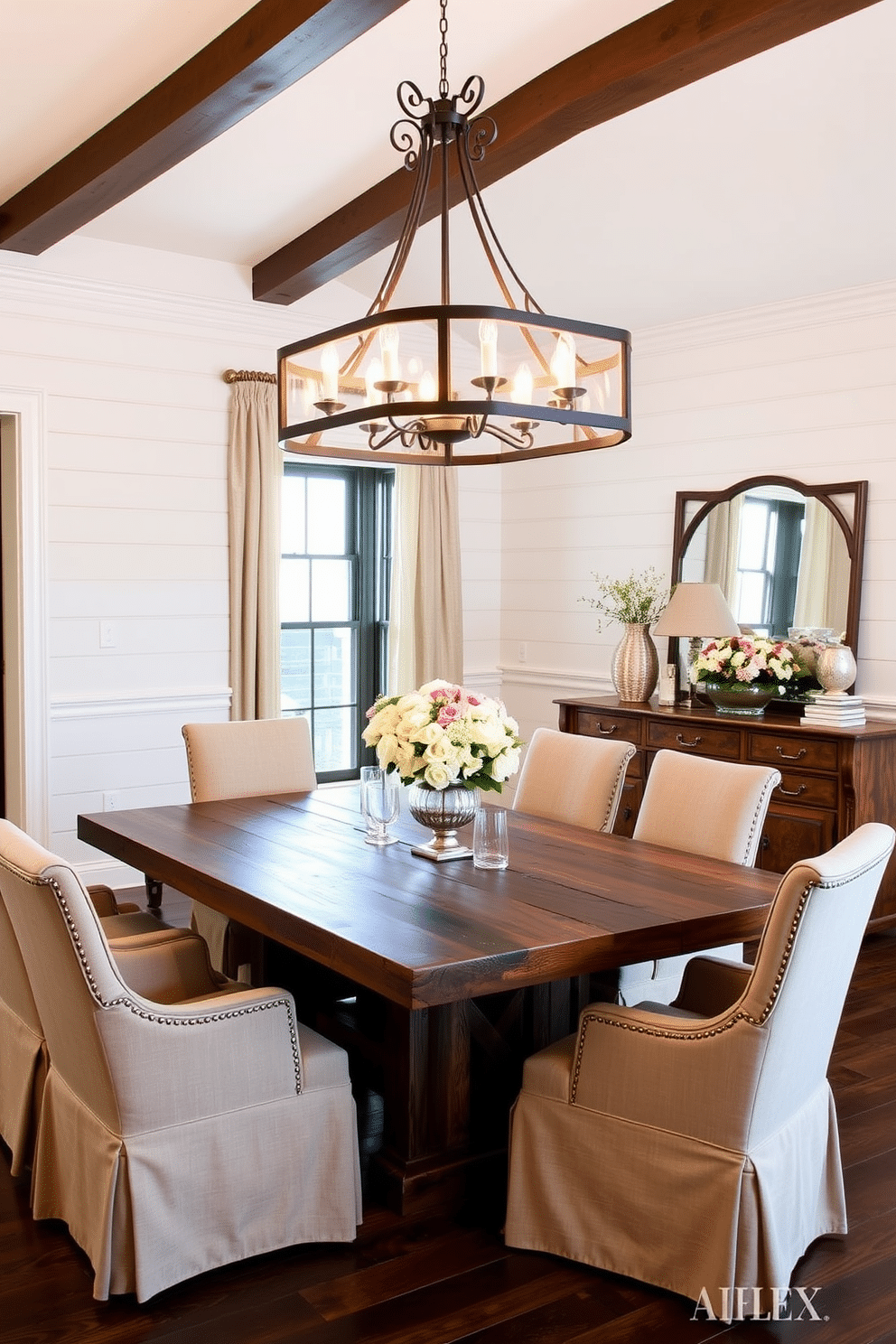 A rustic farmhouse table made of reclaimed wood takes center stage in the dining room, surrounded by elegant upholstered chairs that add a touch of sophistication. The walls are adorned with shiplap paneling, and a large, wrought-iron chandelier hangs above, casting a warm glow over the space. Rich, earthy tones dominate the color palette, complemented by soft, natural textiles that enhance the inviting atmosphere. A vintage sideboard against one wall showcases decorative dishware and a bouquet of fresh flowers, creating a perfect blend of rustic charm and refined elegance.