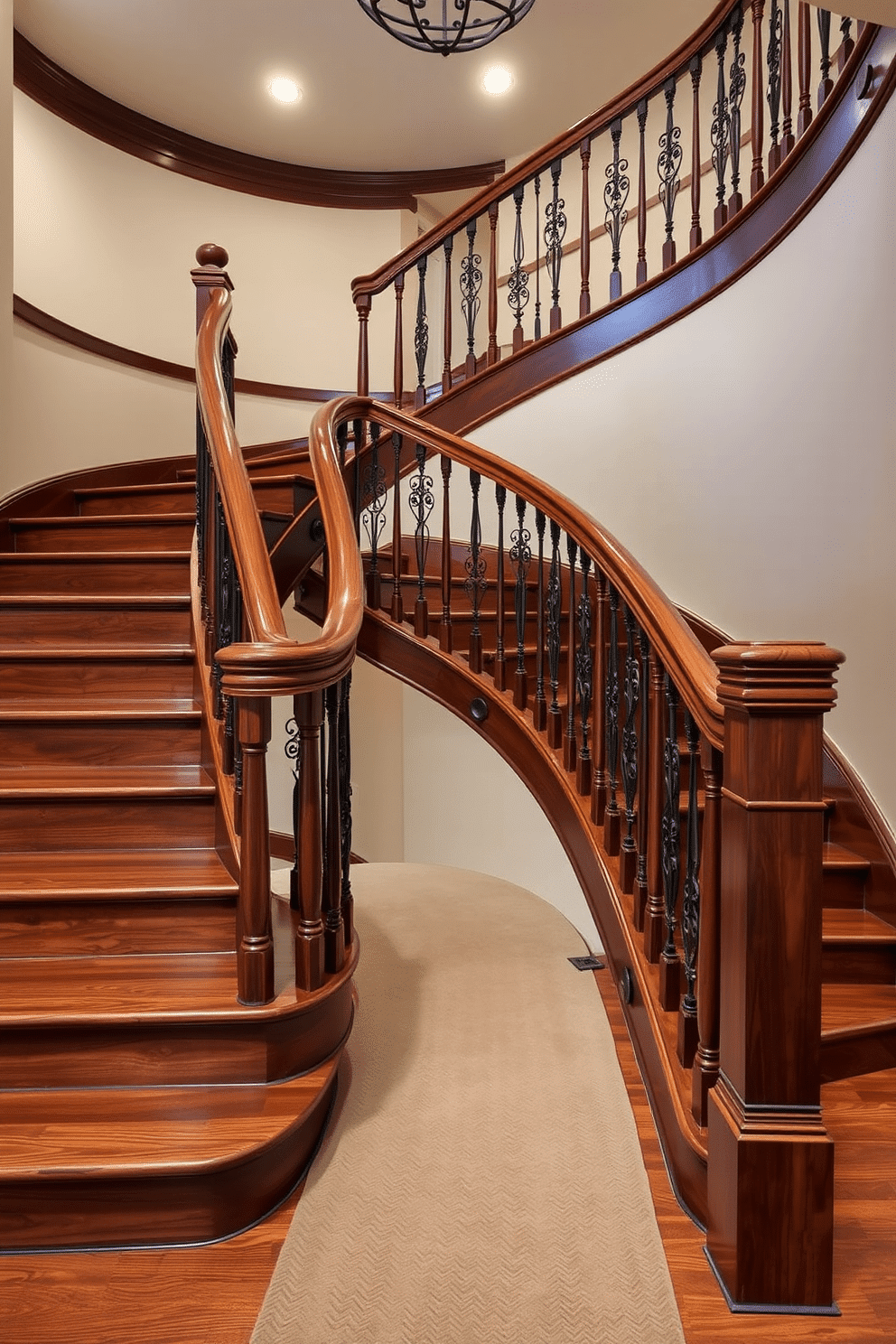 Elegant curved wooden staircase with balusters. The staircase features rich mahogany steps and intricate wrought iron balusters that enhance its classic appeal. Soft ambient lighting illuminates the staircase, highlighting the natural grain of the wood. A plush runner in a muted color adds warmth and comfort to the design.