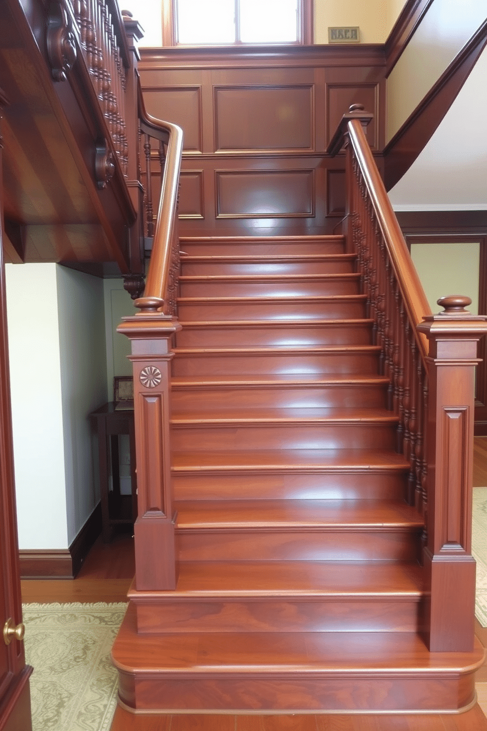 A grand mahogany staircase features intricately carved handrails that showcase exquisite craftsmanship. The steps are polished to a high shine, reflecting the warm tones of the wood and creating an inviting atmosphere. The staircase is flanked by elegant wainscoting that complements the rich mahogany, enhancing the traditional aesthetic. Soft, ambient lighting illuminates the space, highlighting the staircase's architectural details and inviting guests to ascend.