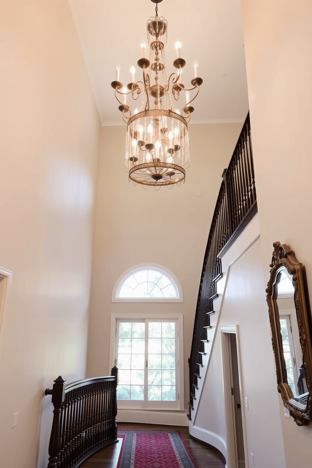 An elegant landing features a grand chandelier suspended above a sweeping staircase, casting a warm glow across the space. The staircase, adorned with intricate wooden balusters and a rich runner, curves gracefully, inviting guests to ascend. The walls are painted in a soft cream hue, enhancing the light and airy feel of the landing. A beautifully framed mirror hangs on one side, reflecting the chandelier's brilliance and adding depth to the design.