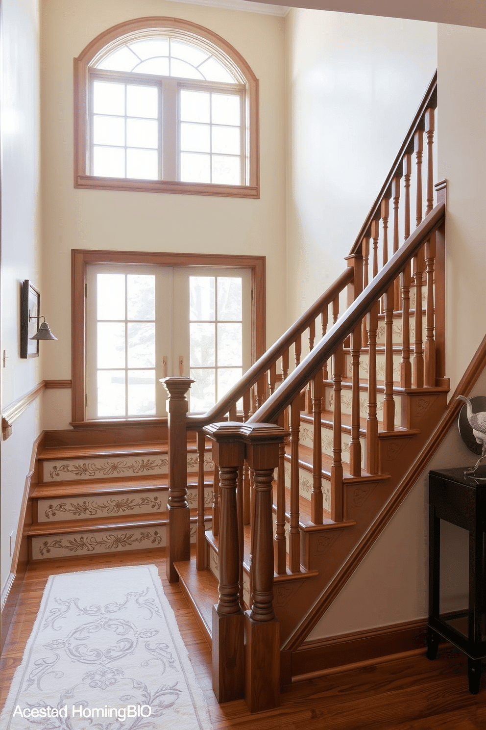 A traditional staircase features elegantly painted risers adorned with intricate floral patterns, creating a charming focal point in the home. The banister is crafted from rich mahogany, complementing the warm tones of the hardwood steps and surrounding walls. Natural light floods the space through a large window at the landing, highlighting the detailed craftsmanship of the staircase. Soft, neutral colors on the walls enhance the classic aesthetic, while a plush runner adds comfort and visual interest.